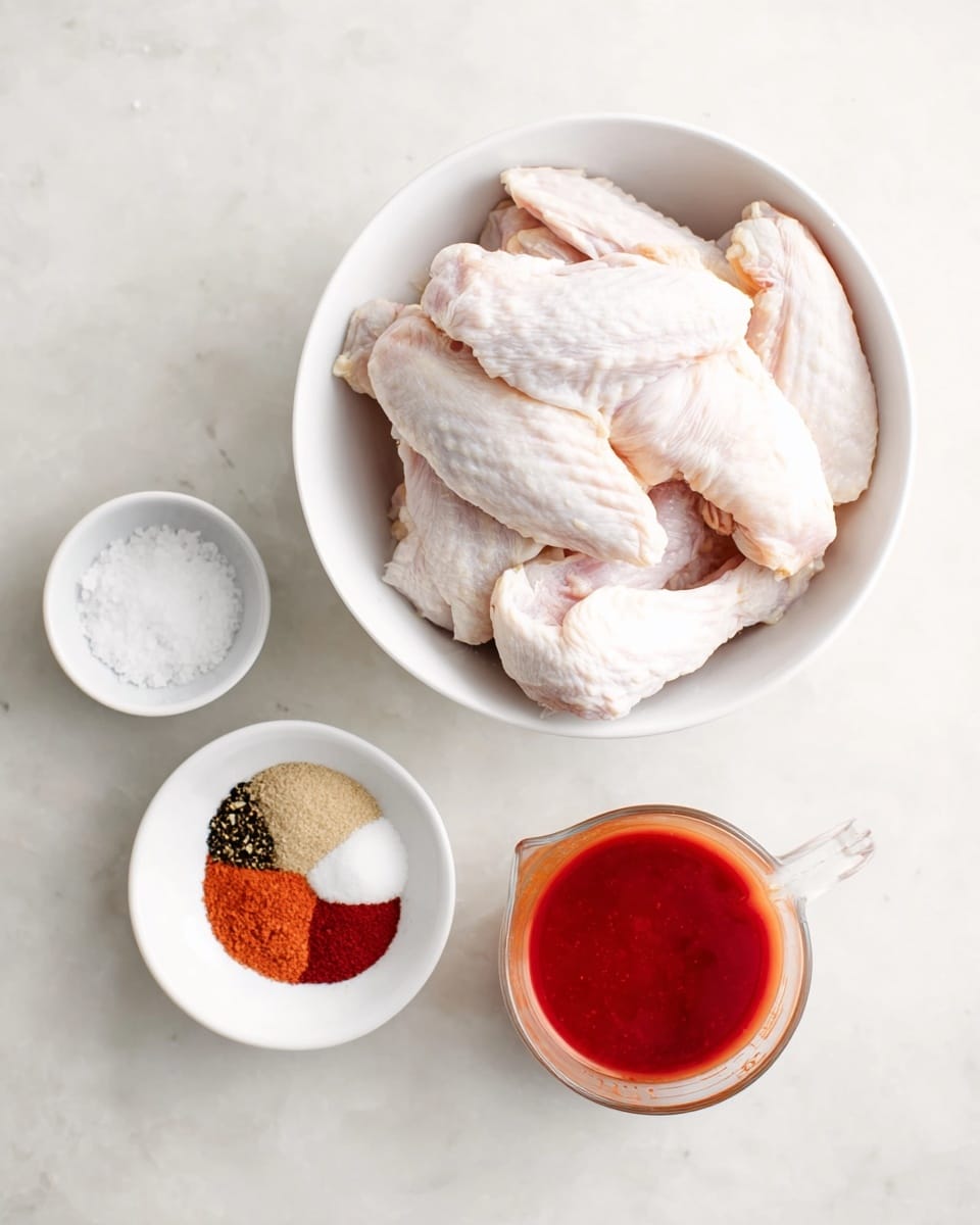 A white bowl filled with raw chicken wings showing pale pink and off-white skin with some texture. Above it, a small white bowl holds a mix of spices arranged in a pie shape with colors red, white, black, and beige. To the left, another small white bowl contains coarse white salt. To the right, a transparent white measuring cup holds a smooth, bright red sauce. All bowls and cups sit on a white marbled surface. Photo taken with an iphone --ar 4:5 --v 7