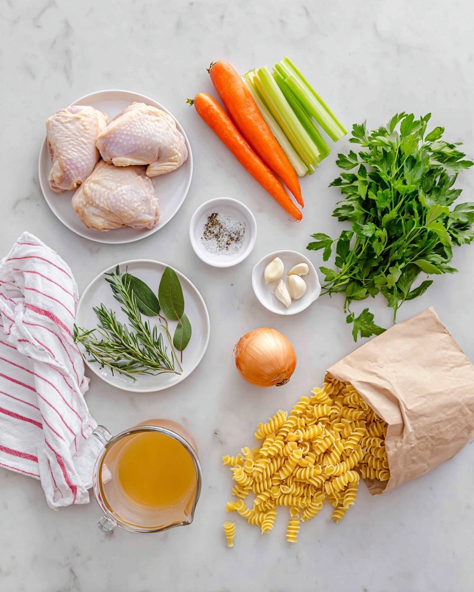 The image shows cooking ingredients neatly arranged on a white marbled surface. There are two raw chicken pieces on a small white plate near the top left, with two whole orange carrots and three celery sticks placed horizontally to the right of the chicken. Below the chicken is a bunch of green leafy parsley, and below the parsley is a small white plate holding fresh green herbs, including rosemary and bay leaves. A whole onion is centered near the top, surrounded by two small white bowls containing salt and pepper. At the bottom right, there is a partially opened paper bag spilling yellow spiral pasta onto the surface. Near the bottom, a clear glass measuring cup holds golden chicken broth, and next to it is a small white dish with four peeled garlic cloves. A white kitchen towel with red stripes is at the left edge of the image. Photo taken with an iphone --ar 4:5 --v 7
