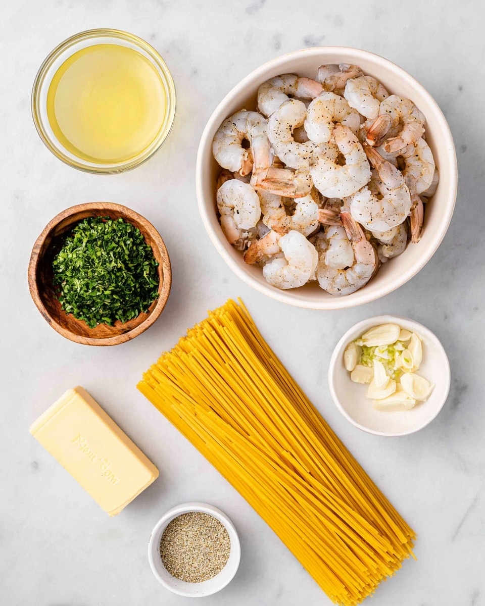 The image shows ingredients for a shrimp pasta dish arranged neatly on a white marbled surface. In the center top is a white bowl filled with raw shrimp seasoned with black pepper. Clockwise from there, a small wooden bowl holds minced garlic, and next to it, a small measuring cup is filled with chopped green herbs. Below the herbs, long uncooked spaghetti strands lie flat on the surface, displaying a bright yellow color and smooth texture. To the left of the pasta, a glass bowl contains a light yellow liquid, likely lemon juice, and above that, a small white cup is filled with olive oil. Below the lemon juice, a small white dish holds mixed dry seasoning, and near the bottom left corner is a pale yellow wrapped stick of butter labeled