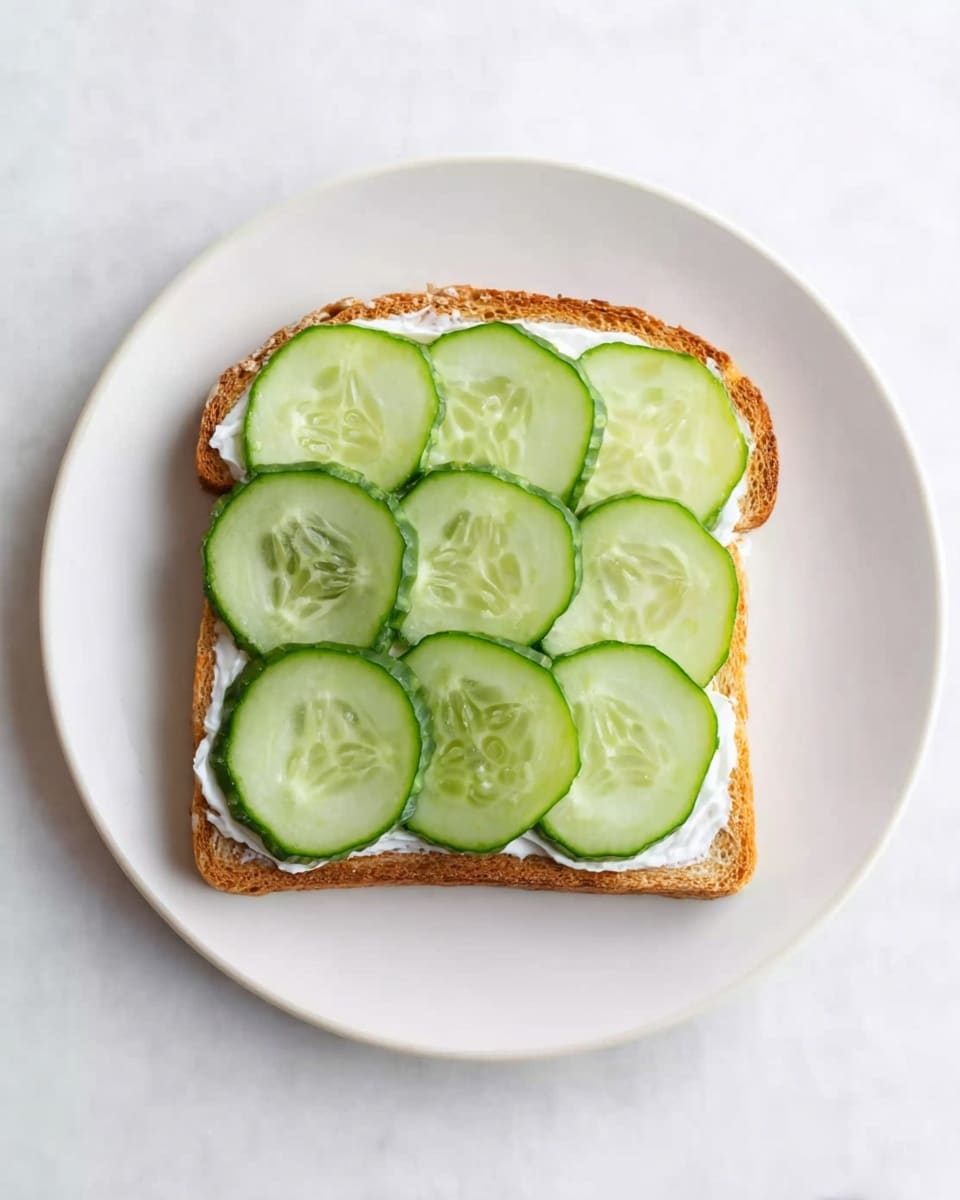 A white plate holds a single slice of toasted bread as the base layer, light golden brown with a slightly rough texture. On top of the toast is a smooth, even layer of white spread, covering the surface fully. The top layer is made up of nine cucumber slices, arranged in three rows of three, overlapping slightly. Each cucumber slice is light green with a darker green rind and a slightly moist texture, showing the seeds clearly in the center. The plate sits on a white marbled surface. photo taken with an iphone --ar 4:5 --v 7