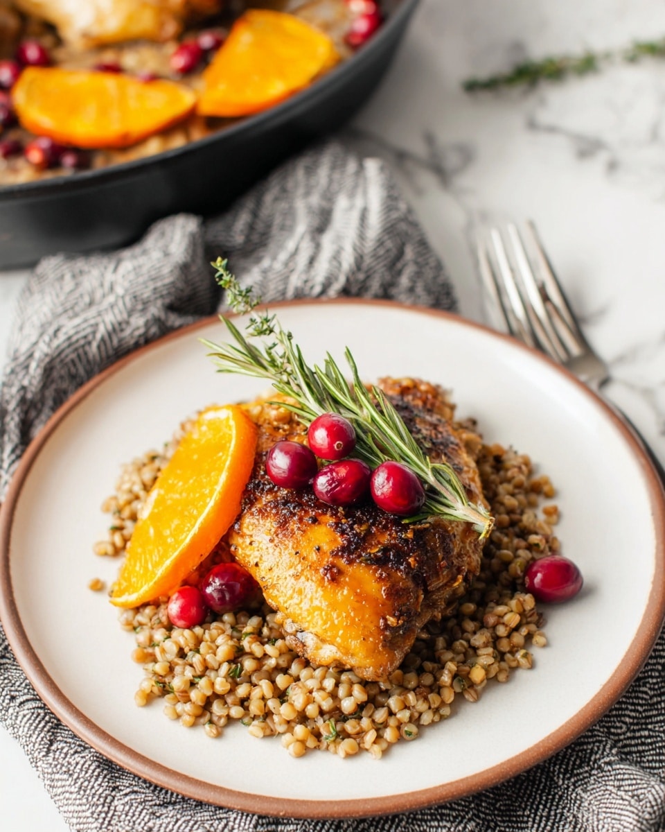 A white plate with a brown rim holds a layered dish on a white marbled surface. The bottom layer is a loose pile of cooked buckwheat, light brown with small green herbs mixed in. On top, there is a piece of golden brown cooked chicken with a slightly dark, crispy skin. A slice of bright orange cooked carrot is placed at the side of the chicken. Three shiny red cranberries and a fresh green sprig of rosemary rest on top of the chicken. In the upper background, part of a black skillet with more chicken and orange slices is visible, and a silver fork lies near the plate. A gray and white striped cloth is underneath the plate. Photo taken with an iphone --ar 4:5 --v 7