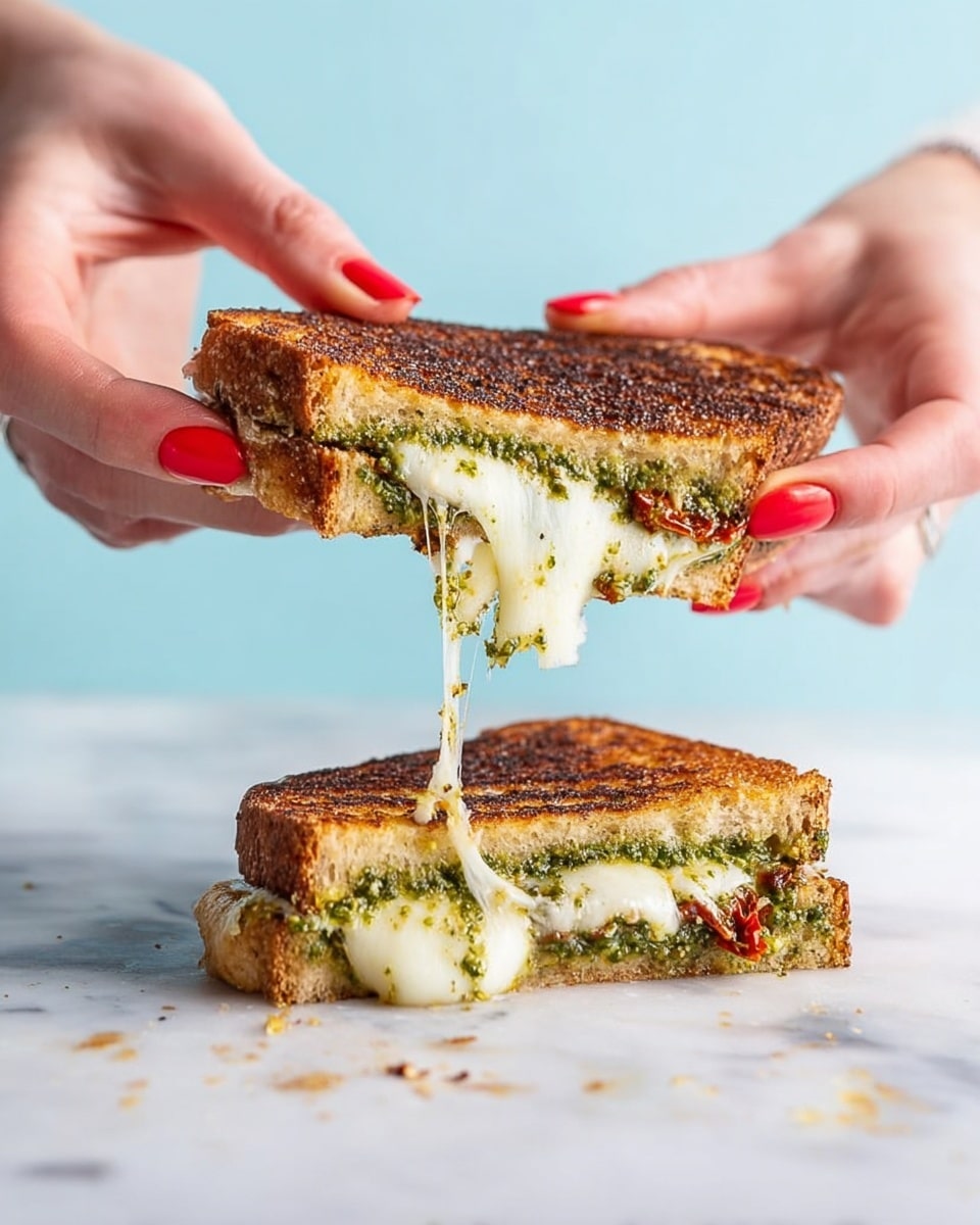 A grilled sandwich is shown with two slices of toasted brown bread that have a crispy, golden-brown texture. Inside, there are three visible layers: a middle layer of melted white cheese stretching as the sandwich is pulled apart, a green pesto spread above and below the cheese, and bits of red sun-dried tomatoes mixed with the pesto. One half of the sandwich sits on a white marbled surface while two woman's hands with red nail polish pull the other half apart, showing the stringy, melted cheese. The background is a soft, light blue color. photo taken with an iphone --ar 4:5 --v 7
