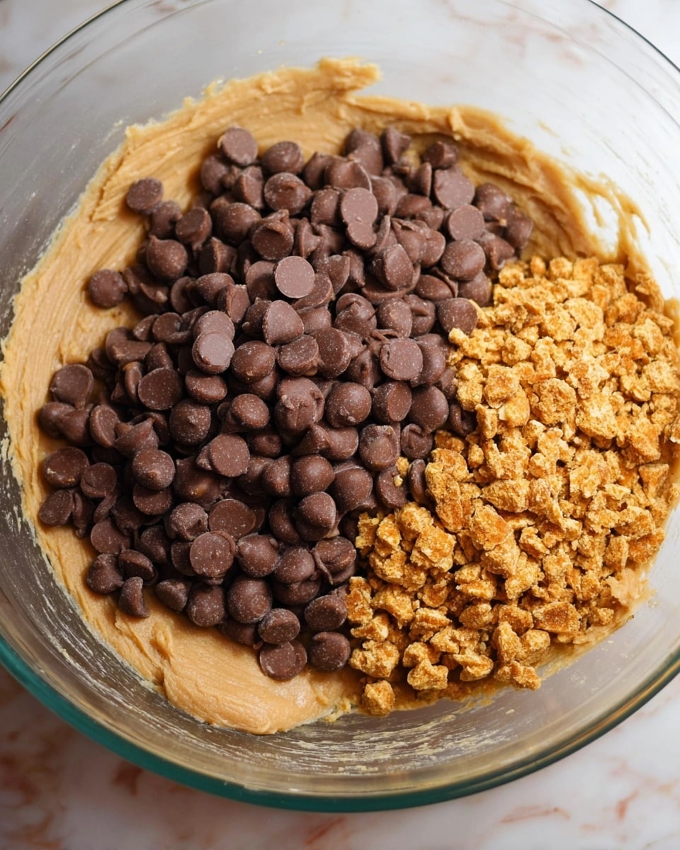 The image shows a large clear glass bowl filled with three layers of ingredients separated on top but partially mixed at the edges. The bottom and largest layer is a creamy light brown dough with a smooth, slightly grainy texture spread out evenly across the bottom of the bowl. On top of this dough, there are two distinct piles: on the left side, a pile of shiny dark brown chocolate chips with round, flat tops, and on the right side, a pile of small, golden brown crunchy bits resembling toffee or caramel pieces. The bowl sits on a white marbled surface. photo taken with an iphone --ar 4:5 --v 7