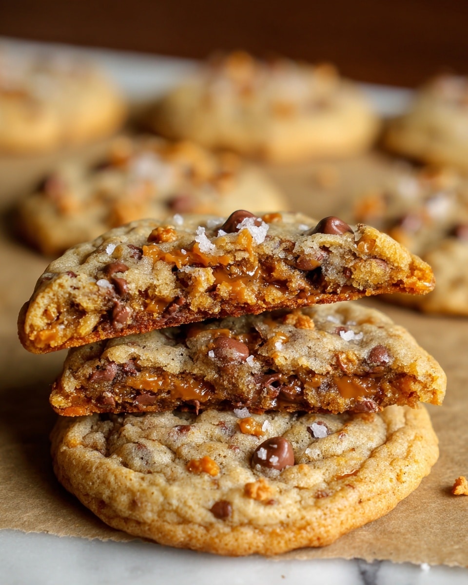 The image shows three round cookies with a light golden brown color and a slightly rough texture, sitting on a piece of parchment paper on a white marbled surface. On the top and bottom of the stack are whole cookies dotted with medium-sized chocolate chips and small crunchy caramel bits that add a varied texture. The middle cookie is split in half, showing the soft and chewy inside with melted chocolate pieces and caramel bits, revealing its moist texture. There is a sprinkle of flaky salt on top adding a slight contrast to the otherwise warm brown colors. In the background, more cookies are slightly blurred, emphasizing the main stack in the center. The photo taken with an iphone --ar 4:5 --v 7