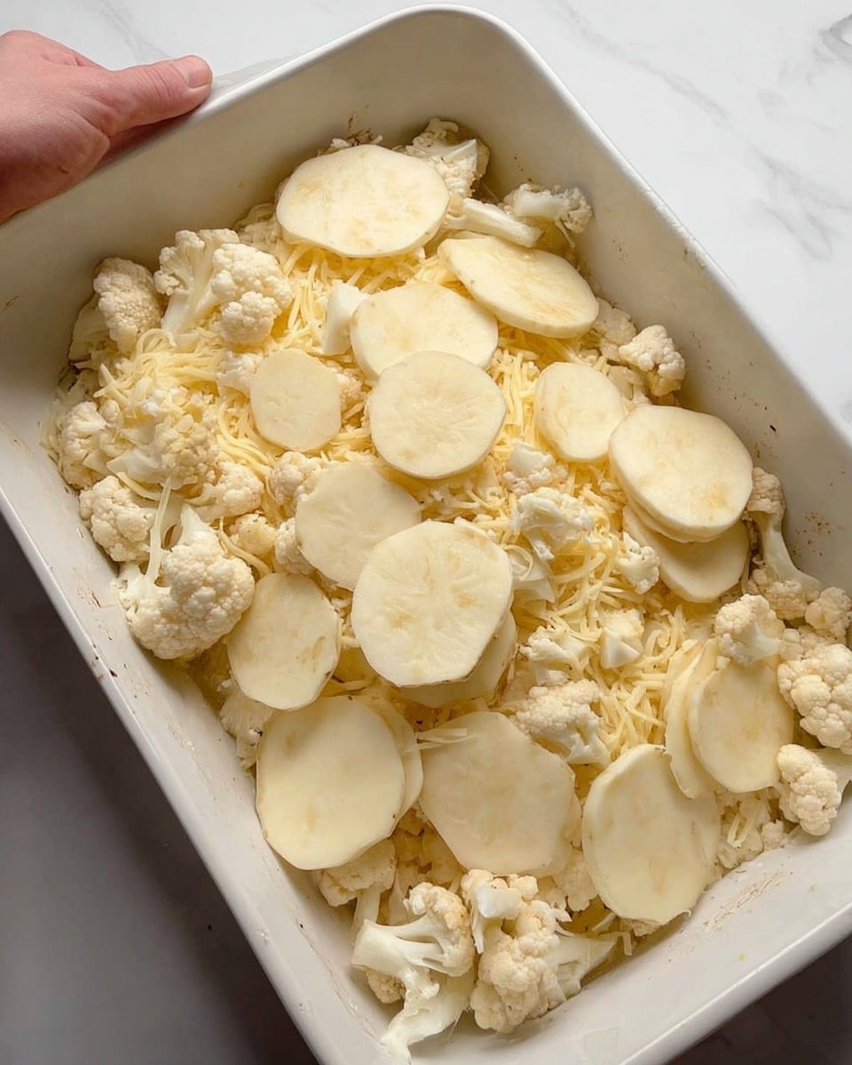 A white rectangular baking dish filled with thin, round slices of pale potato layered on top of a mix of small white cauliflower florets and shredded light yellow cheese. The potato slices have a soft, moist texture and cover the surface unevenly, showing the cheese and cauliflower underneath. A woman's hand is visible in the upper right corner, holding the dish against a white marbled background. photo taken with an iphone --ar 4:5 --v 7