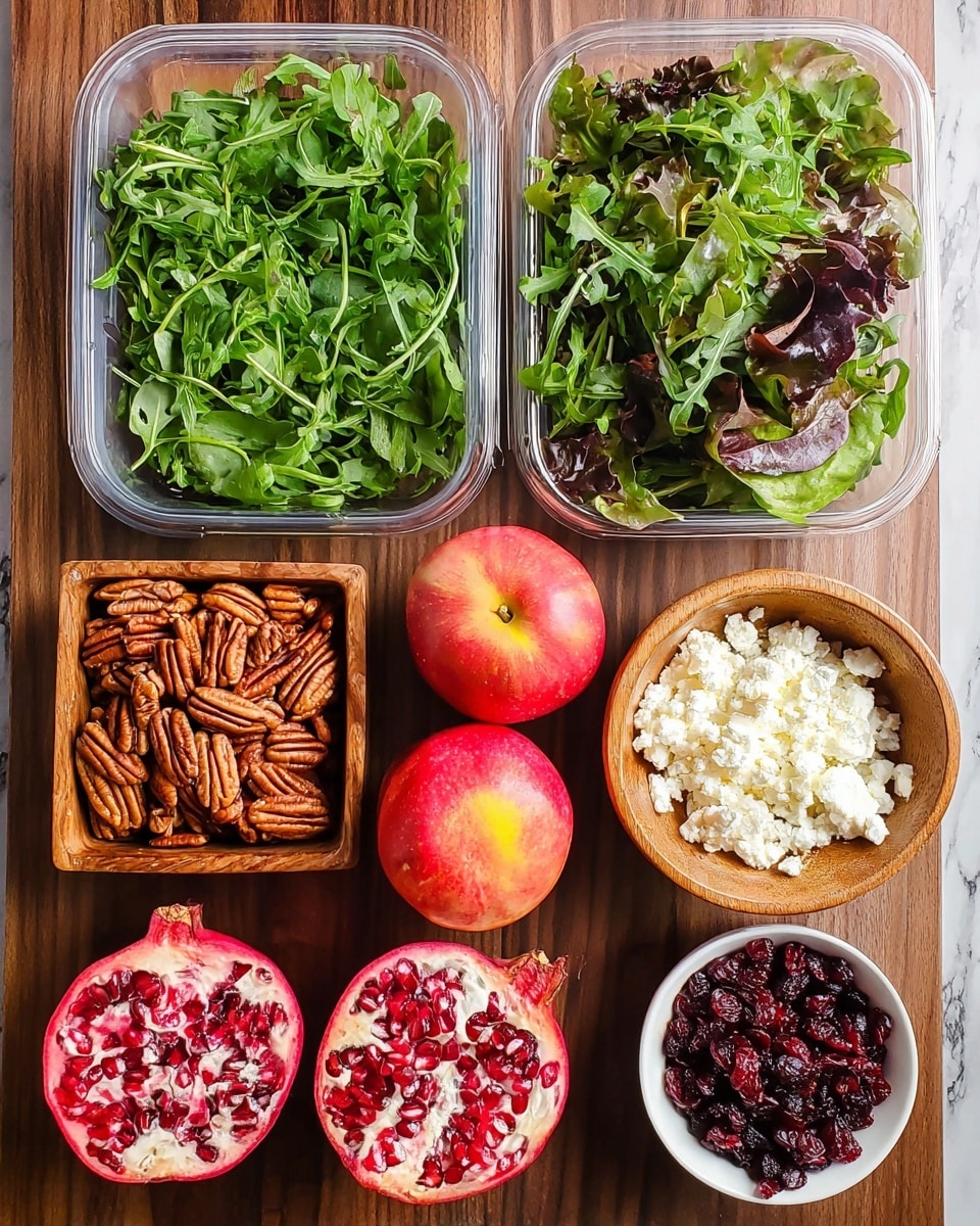 This image shows a top-down view of fresh salad ingredients arranged neatly on a wooden surface. At the top center and right are two clear plastic containers filled with leafy greens, one with mixed greens including dark purple and light green leaves, and the other with bright green arugula. Below these containers are two bright red apples with yellow highlights, two whole pomegranates and one pomegranate cut in half showing red seeds inside. To the left of the apples and pomegranates is a square wooden bowl filled with light brown pecans, and next to it at the bottom right is a small white bowl filled with dark red dried cranberries. Above the pomegranates is a round wooden bowl filled with white crumbled cheese. The background is a white marbled texture. photo taken with an iphone --ar 4:5 --v 7