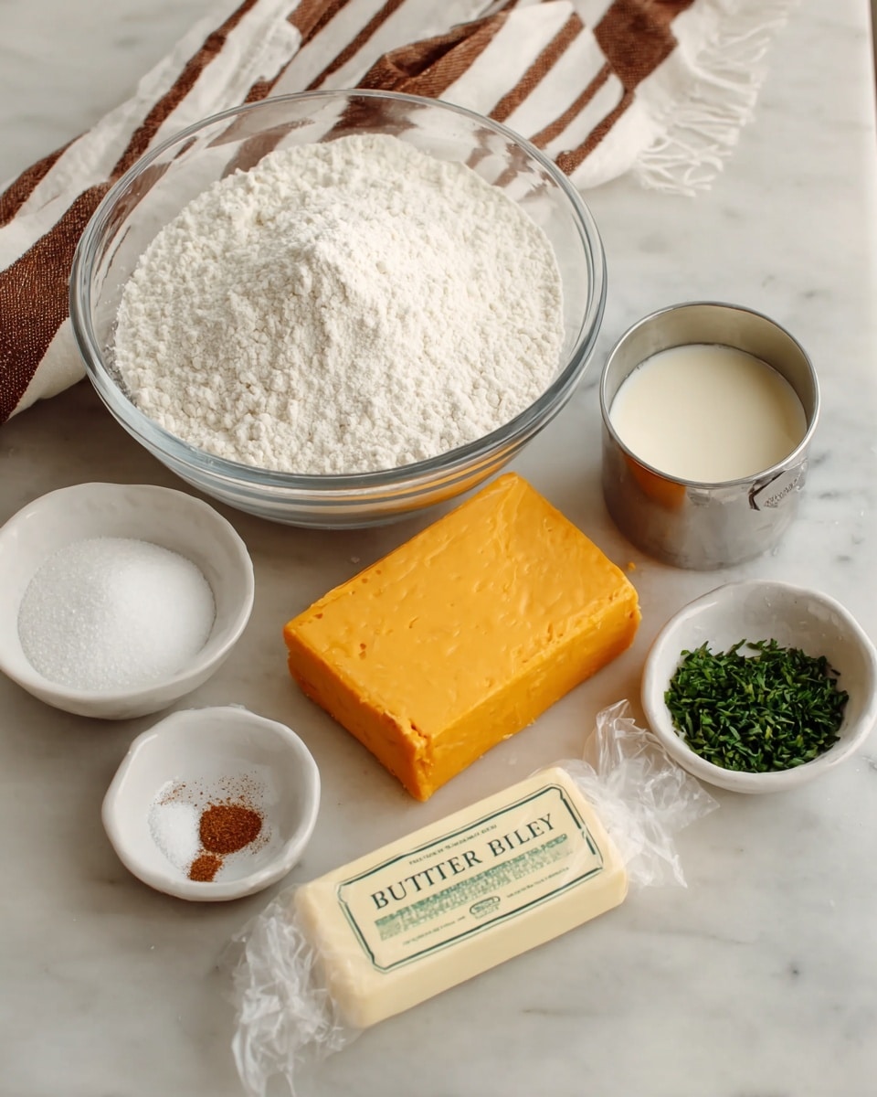 The image shows a group of cooking ingredients arranged on a white marbled surface. In the center, there is a clear glass bowl heaped with white flour. Below it, a large rectangular block of bright orange cheese lies flat, with a wrapped stick of yellow salted butter placed diagonally on a white paper sheet in front of the cheese. To the left, there are two small white bowls, one containing white granulated sugar, and the other holding a mixture of white powder and a small amount of dark brown spice. On the right side, a small white ramekin filled with chopped green herbs sits next to a small metal cup containing a creamy white liquid. A light-colored cloth with brown stripes is partly visible in the top left corner. photo taken with an iphone --ar 4:5 --v 7