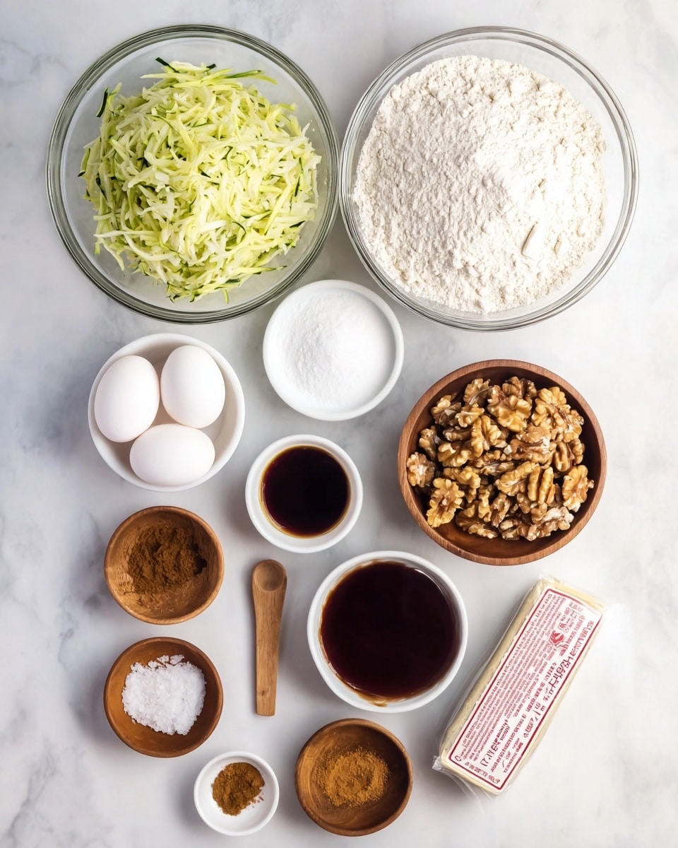The image shows a top view of various baking ingredients arranged on a white marbled surface. At the top center, there is a clear glass bowl filled with white flour. Below it to the left, a clear glass bowl holds shredded zucchini with a light green and pale yellow mix. To the right of the zucchini bowl, a small white bowl contains white sugar. Below these, slightly to the left, a white bowl holds two whole white eggs. To the right of the eggs, another white bowl is filled with chopped walnuts in brown tones. Next to the walnuts on the right, two small white bowls hold dark brown vanilla extract and light brown cinnamon powder. At the bottom, two small wooden bowls contain a small amount of salt and baking powder, and a tiny wooden spoon with brown ground spice rests near them. At the bottom right corner, there is a wrapped stick of butter with red and white packaging. photo taken with an iphone --ar 4:5 --v 7