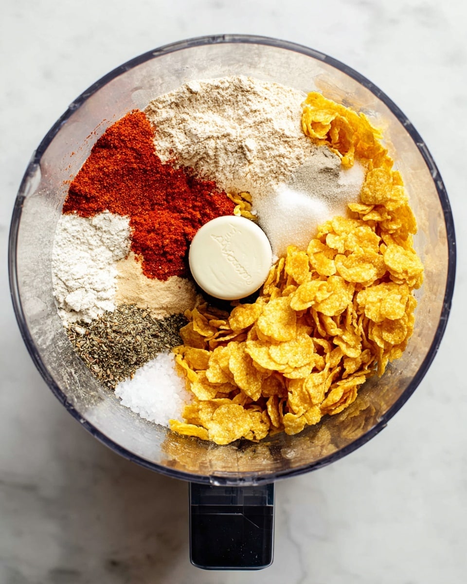 A clear food processor bowl sits on a white marbled surface, filled with several layers of ingredients. The bottom layer is made up of bright yellow corn flakes with a rough texture, spread mostly on the right side. On top, there are six piles of dry spices and powders: a bright red paprika powder in the lower left, light beige powder just above it, white flour powder in two piles on the upper left, black pepper powder with coarse texture near the middle, and some white granulated salt on the lower right side. The ingredients create a colorful and textured mix inside the clear bowl. photo taken with an iphone --ar 4:5 --v 7