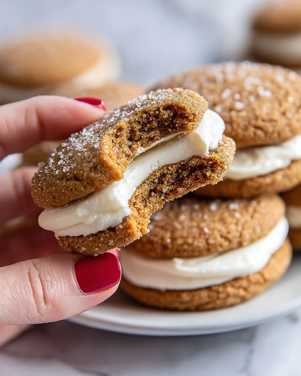 A woman's hand with red nail polish is holding a sandwich cookie made of two light brown cookies sprinkled with coarse sugar crystals, showing a soft and slightly crumbly texture. The top cookie has a bite taken out, revealing a thick, smooth, white cream filling in the middle. More sandwich cookies are slightly blurred in the background, placed on a white plate on a white marbled surface. The image focuses closely on the cookie in the hand, highlighting the sugar crystals and creamy filling. Photo taken with an iphone --ar 4:5 --v 7