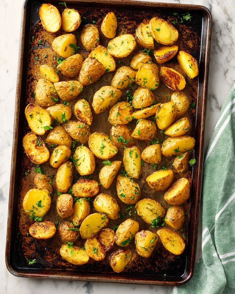 A dark metal baking tray filled with many small potato pieces that are cut in half, showing golden-brown roasted surfaces with lightly crisp edges and soft yellow insides. The potatoes are scattered evenly with small green herb bits sprinkled all over, adding a fresh touch. The tray rests on a white marbled surface, and a green and white striped cloth is partly visible in the top right corner. The overall look is warm and inviting, with a rustic feel from the baking tray's darkened spots from use. photo taken with an iphone --ar 4:5 --v 7