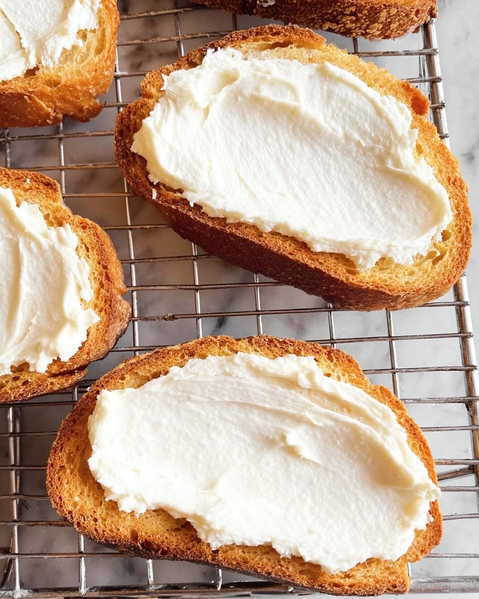 The image shows toasted slices of bread with one thick layer of white creamy spread evenly covering the top surface of each slice. The bread has a golden-brown crust with a rough texture, and the spread is smooth and fluffy, with visible strokes from spreading. The slices are placed on a metal cooling rack with a white marbled texture background. The focus is on three slices, arranged loosely on the rack, showing a simple yet inviting snack. photo taken with an iphone --ar 4:5 --v 7