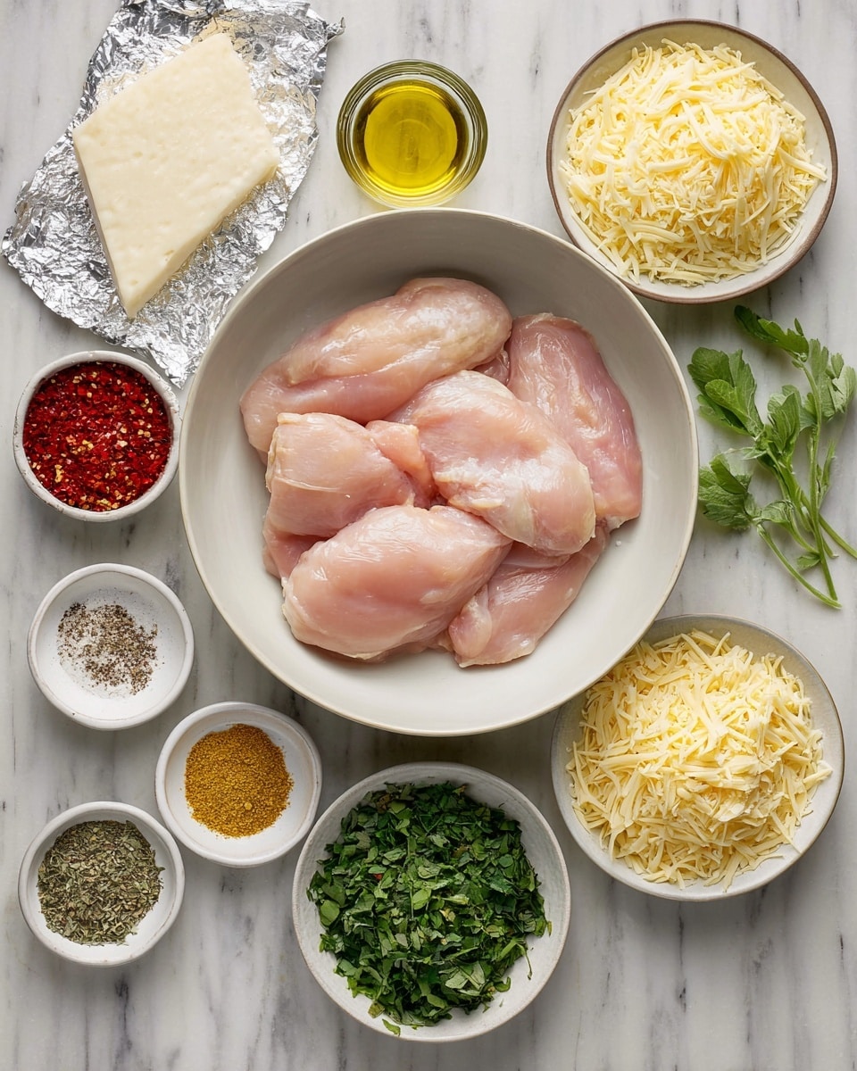 The image shows ingredients neatly arranged on a white marbled surface with a large white bowl in the center holding four pieces of raw pink chicken. Around it are smaller white bowls with shredded yellow cheese, shredded pale yellow cheese, chopped green leafy herbs, and small piles of red crushed flakes, white salt with black pepper, fine yellow powder, and dried green herbs. There is also a shiny foil-wrapped wedge of white cheese and a small glass dish of golden olive oil. All items are spaced evenly and clearly visible. Photo taken with an iphone --ar 4:5 --v 7