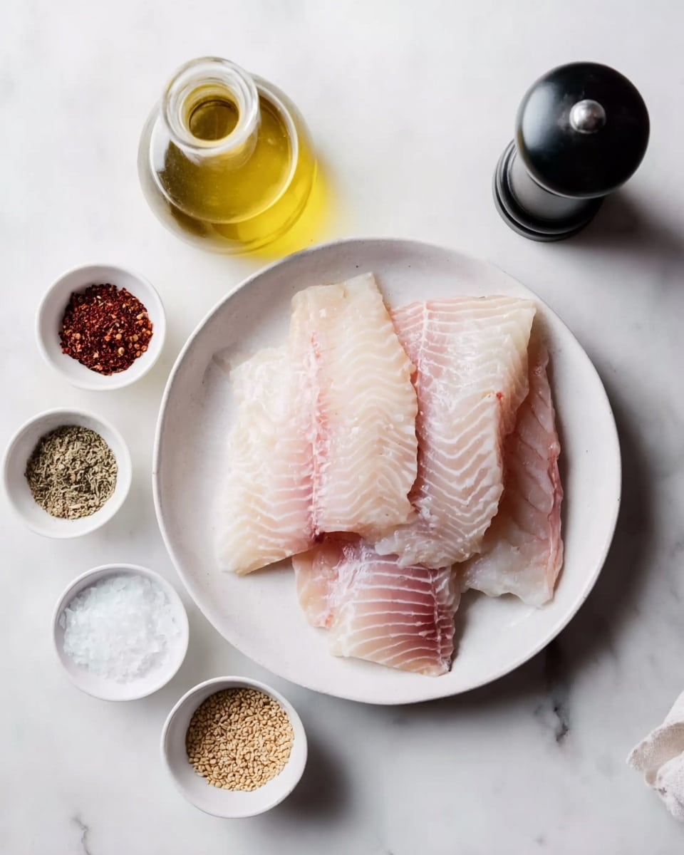 A white plate is centered on a white marbled surface, holding four raw fish fillets that are pale pink with delicate wave-like patterns. Around the plate are small white bowls containing various seasonings: a dark red spice, coarse white salt, light brown granules, a mix of peppercorns, and a fine beige powder. At the top left is a clear glass bottle filled with golden olive oil, and to the far right sits a black pepper grinder. The scene is bright with soft natural light, giving a clean and fresh look to the ingredients photo taken with an iphone --ar 4:5 --v 7