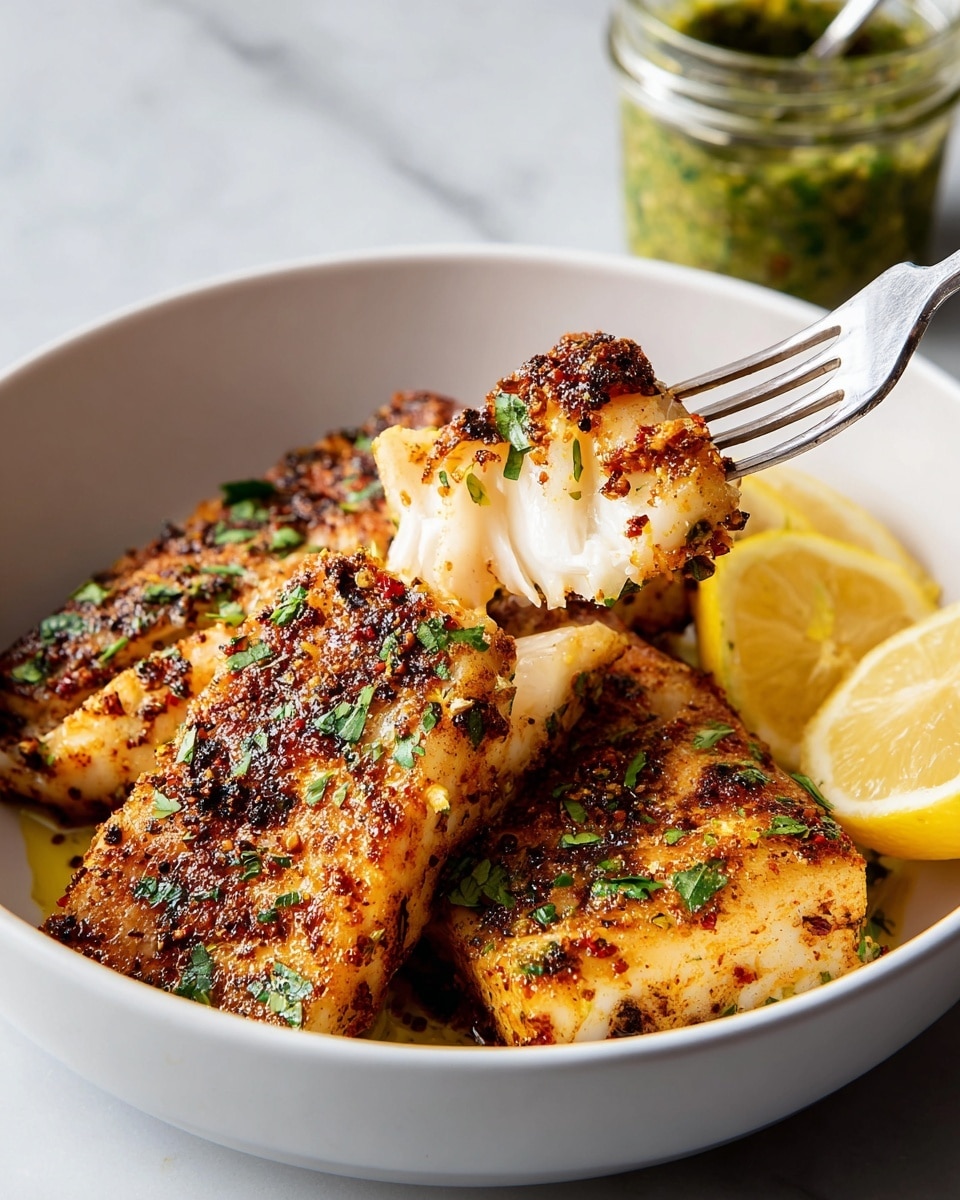 In a white bowl on a white marbled surface, there are four pieces of golden-brown grilled fish, seasoned with black and red spices and sprinkled with green herbs. On the right side inside the bowl, three lemon wedges with a fresh yellow color lean against the fish. A silver fork lifts a small piece of the fish, showing its tender white inside and spicy outside. In the background to the right, there is a glass jar with green sauce inside. The scene looks bright and appetizing. photo taken with an iphone --ar 4:5 --v 7