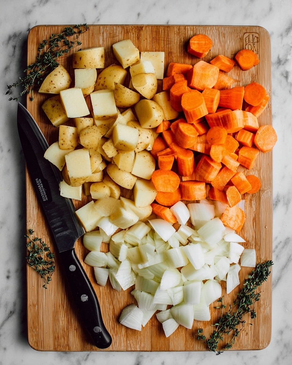 A wooden cutting board with three groups of chopped vegetables: light brown and cream potatoes cut into medium chunks on the left side, bright orange carrot pieces sliced into thick rounds and some diagonal pieces on the top right, and white onion pieces cut into irregular chunks at the bottom right. A large black-handled knife lies diagonally across the board on the left side, with some small green herb sprigs scattered around the board edges on a white marbled surface photo taken with an iphone --ar 4:5 --v 7