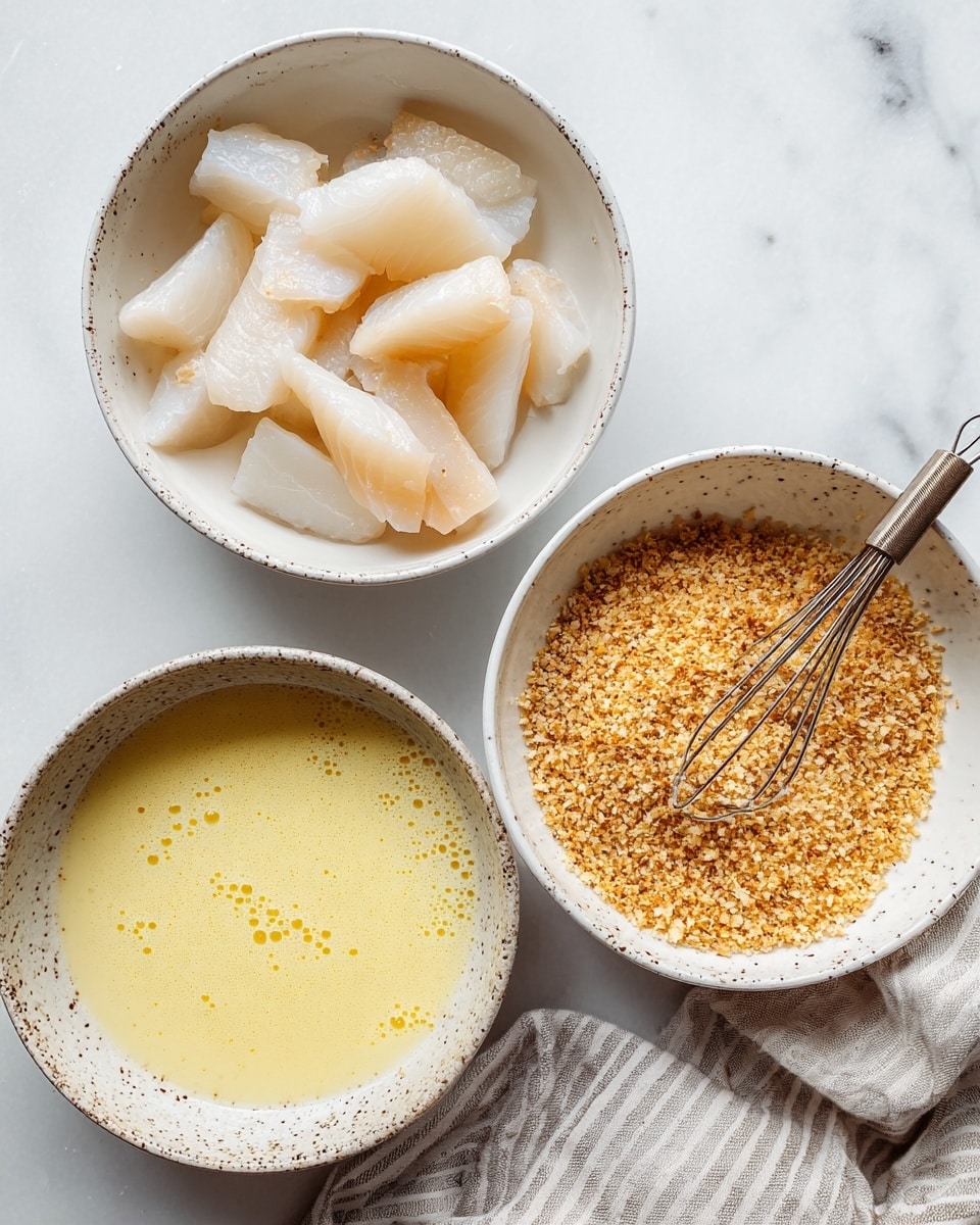 Three white bowls sit on a white marbled surface with a soft striped cloth nearby. The top right bowl is filled with golden brown toasted breadcrumbs with a small whisk resting inside. The bottom left bowl holds several pieces of raw white fish cut into chunky strips, showing slight translucence and moisture. The bottom right bowl contains a light yellow beaten egg mixture with tiny bubbles on the surface. All bowls have a speckled texture on their edges. Photo taken with an iphone --ar 4:5 --v 7