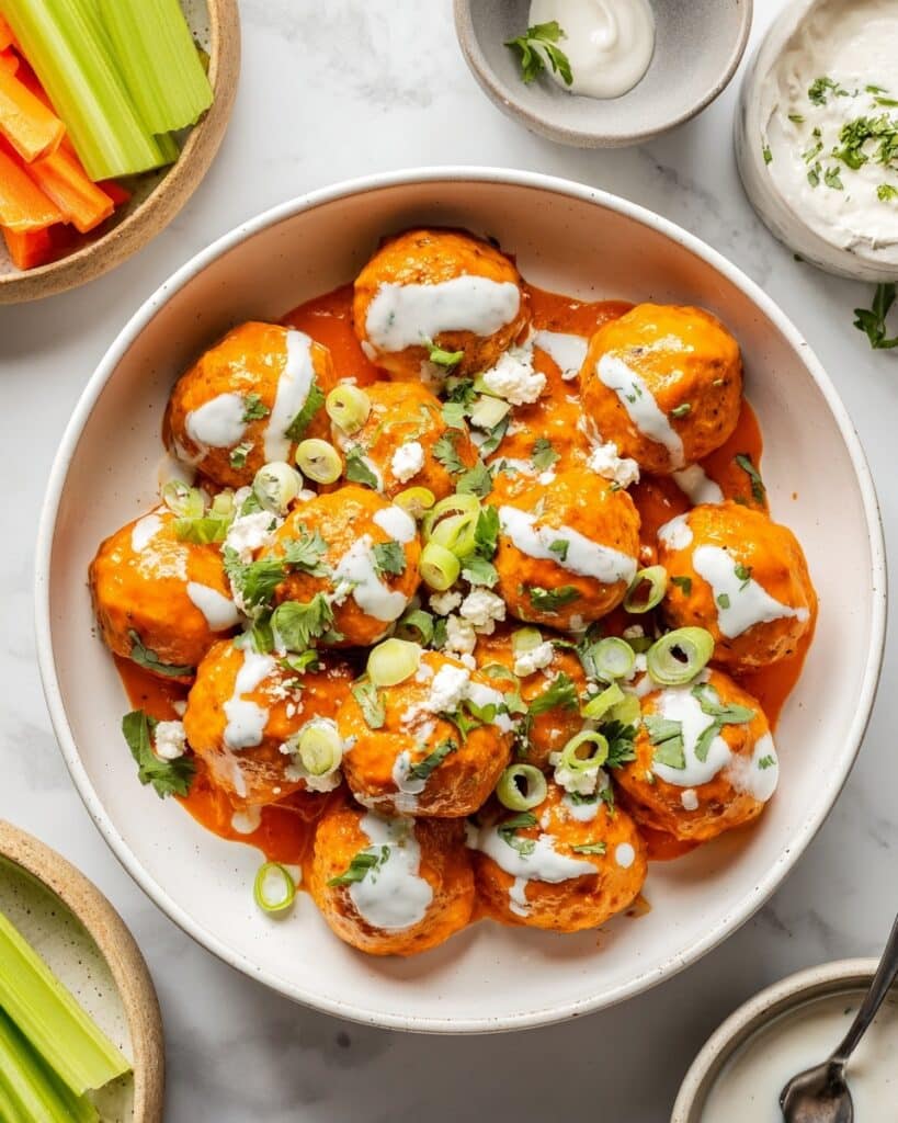 Buffalo Chicken Meatballs with Bleu Cheese Yogurt Dip Recipe