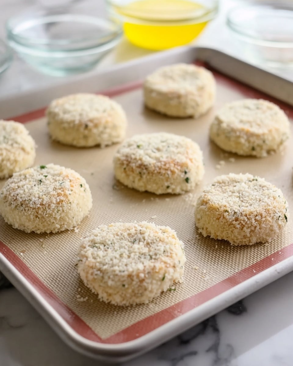 The image shows eight round dough patties placed evenly on a baking tray lined with a silicone mat. Each patty is covered with pale beige breadcrumbs that have a slightly coarse texture and some visible small green herb flecks. The dough patties have a soft, slightly uneven surface, and are arranged in two neat diagonal rows, with space between each piece. The baking tray sits on a white marbled surface, and there are glass bowls with yellow and clear contents blurred in the background. Photo taken with an iphone --ar 4:5 --v 7
