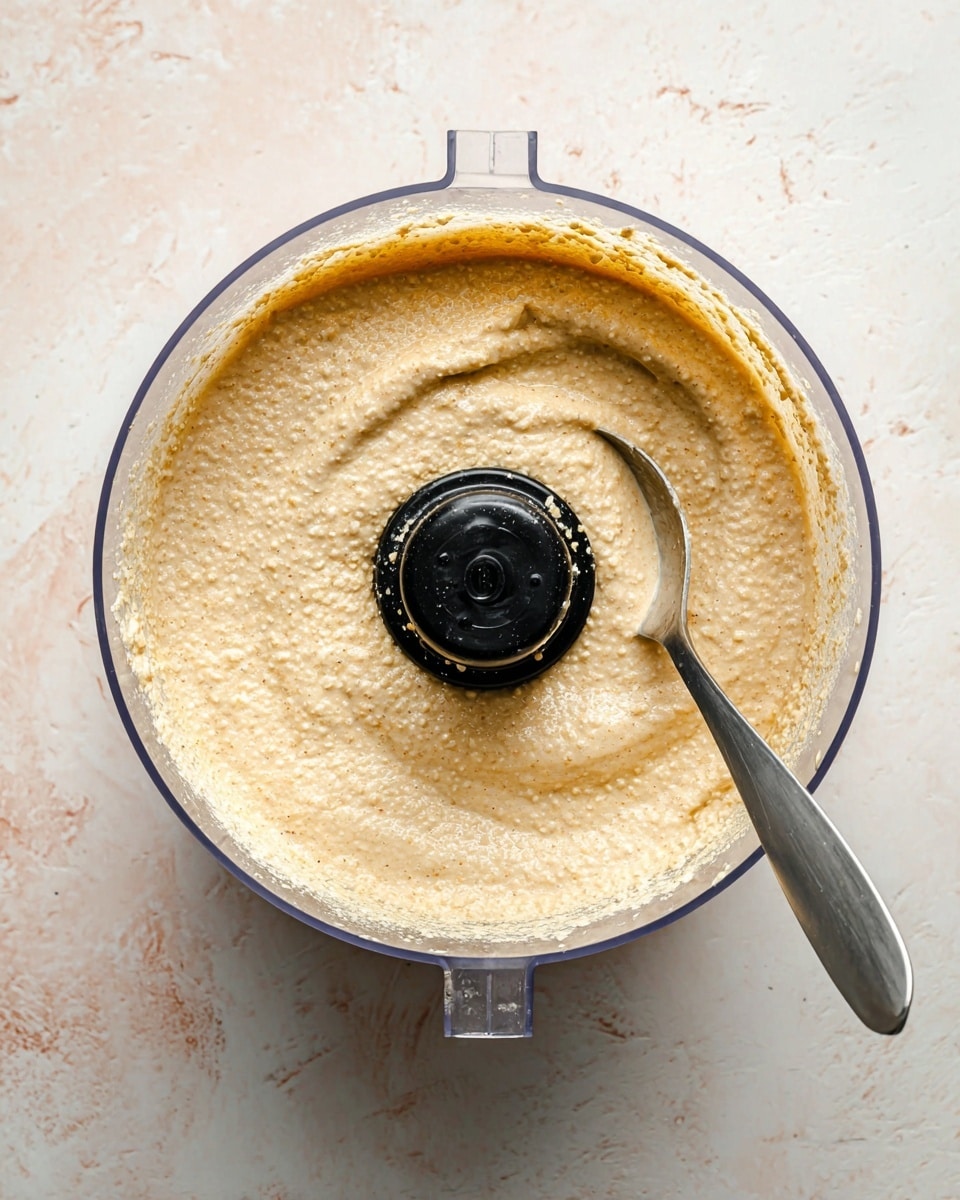 A clear food processor bowl filled with a thick, creamy pale beige mixture showing small grainy bits throughout, with a silver spoon resting inside the bowl on the right side. The black center piece of the processor is visible above the mixture, which has a smooth, slightly textured surface. The bowl is placed on a white marbled textured surface. photo taken with an iphone --ar 4:5 --v 7