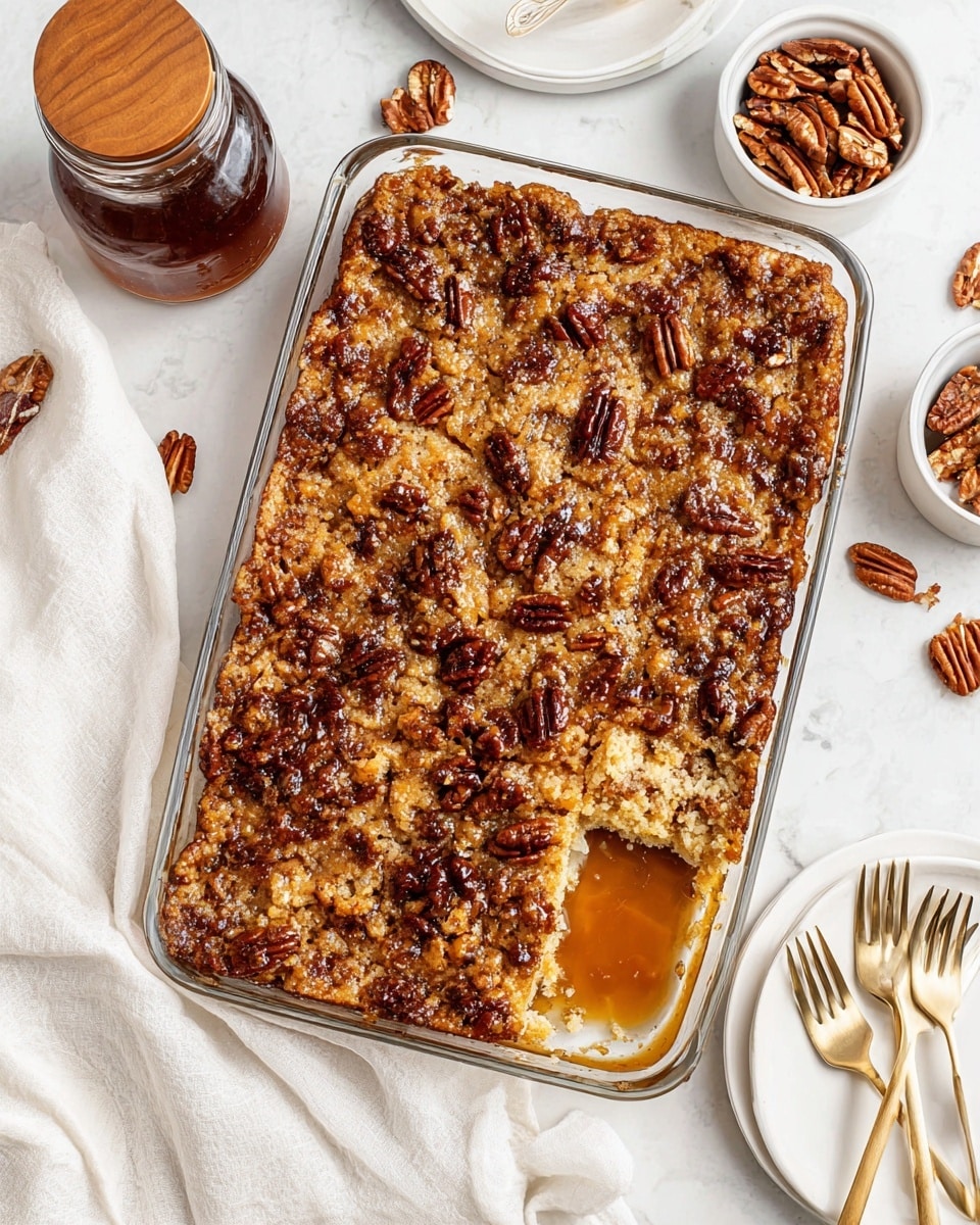 A rectangular clear glass baking dish holds a golden brown pecan dessert with a crumbly top layer scattered with whole pecans. The dessert has been partially scooped from the bottom right corner, revealing a rich, sticky, amber-colored layer beneath the crumbly surface. Around the dish, there are small white bowls filled with pecans, a white marbled background, and a white plate with gold forks. A glass syrup jar with a wooden lid sits to the top left, and a white cloth is draped on the bottom left side. photo taken with an iphone --ar 4:5 --v 7