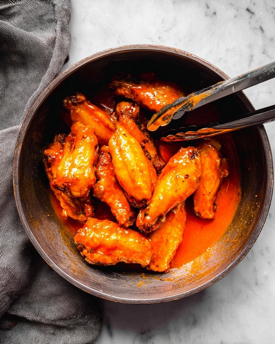 A round dark metal bowl filled with bright orange chicken wings covered in a shiny sauce, with some parts showing a slight char on the edges. The wings are partly submerged in smooth, thick sauce that pools at the bottom of the bowl. On top lying across the bowl are silver metal tongs, catching some light and creating reflections. The bowl sits on a white marbled surface with a piece of grey fabric partially visible on the left side. photo taken with an iphone --ar 4:5 --v 7