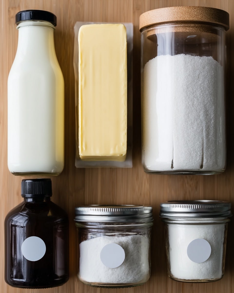 The image shows six ingredients for baking arranged neatly on a wooden surface. On the far left is a clear bottle filled with white liquid, likely milk, with a black cap and a white blank label. Next to it is a solid block of yellow butter placed vertically. To the right of the butter is a large clear container filled with granulated white sugar, topped with a wooden lid. Below the butter and sugar are three smaller containers: a dark brown bottle with a black cap and blank white label, followed by two small clear jars filled with white powders, each with silver lids and a round black label. All items are evenly spaced and well lit, showing smooth and fine textures in the powders and liquids. The background is changed to a white marbled texture. photo taken with an iphone --ar 4:5 --v 7
