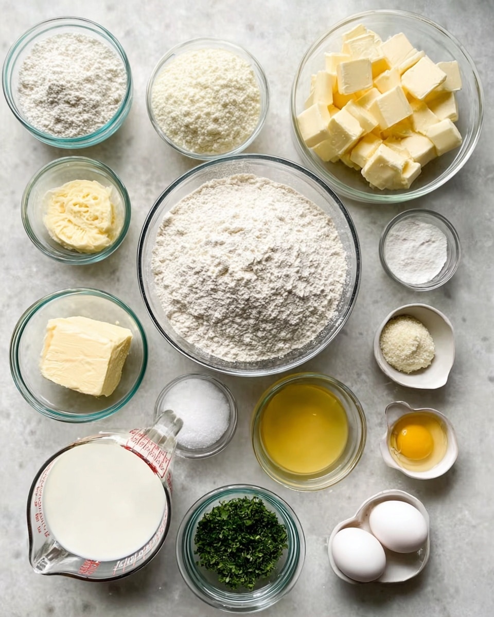A collection of clear white bowls and glass containers are neatly arranged on a white marbled texture, each filled with different baking ingredients. At the center is a large bowl filled with white flour, surrounded by smaller bowls that contain cubed pale yellow butter, melted yellow butter, white granulated sugar, coarse salt, yeast, chopped green herbs, grated pale yellow cheese, a small amount of yellow oil, a few white eggs in a glass bowl, and white milk inside a glass measuring cup with a red measurement scale. The colors are soft and natural, highlighting the texture of each ingredient photo taken with an iphone --ar 4:5 --v 7