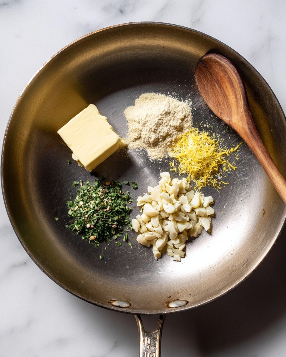 A metal pan with five distinct ingredients placed inside it, arranged in small separate piles: a pale yellow soft cube of butter on the left, a small heap of finely chopped green herbs below it, a pile of small white chopped nuts or seeds to the right, a light beige powder towards the top, and a small mound of finely grated yellow zest to the right of the powder. The pan has some light reflections and sits on a white marbled surface with a wooden spoon lying to the right side of the pan. photo taken with an iphone --ar 4:5 --v 7