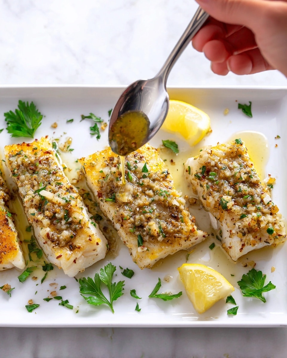 Four pieces of golden brown fish fillets are arranged in a row on a white plate, each topped with a layer of finely chopped garlic, herbs, and seasoning. The fillets have a slightly crispy texture with visible black pepper and herbs on the surface. Around the fillets, green parsley leaves are scattered, adding fresh color, and a lemon wedge is placed near the top center. A woman's hand is holding a silver spoon above the second fillet from the right, drizzling a garlic and herb sauce over it. The plate sits on a white marbled surface. photo taken with an iphone --ar 4:5 --v 7
