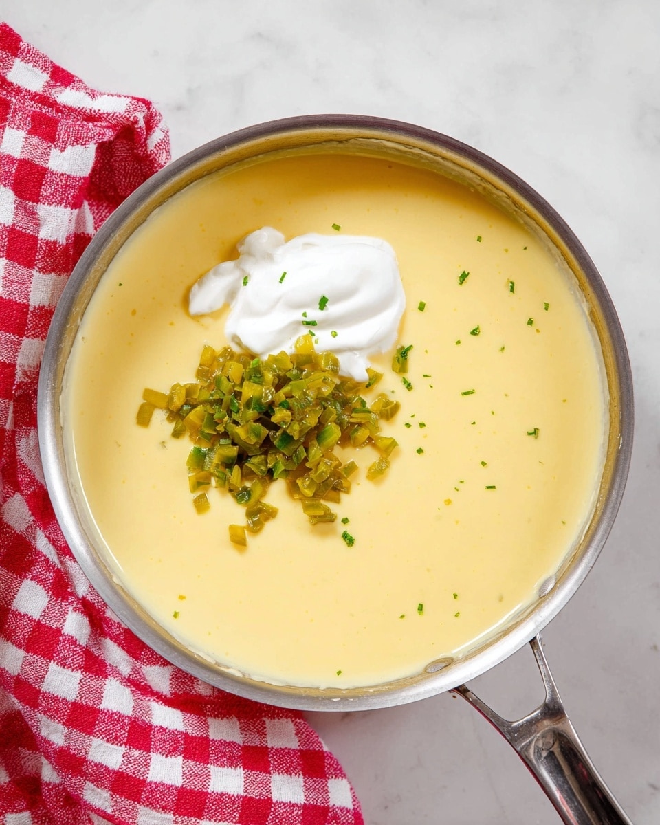 A shiny silver pan filled with a smooth, light yellow sauce covers most of the image. On top, there are two separate piles: one is white and creamy, the other is made of small chopped green pieces with a bit of shine, both sitting near the center right of the sauce. The pan handle extends to the right side. Below the pan, part of a red and white checkered cloth is visible, and the surface beneath is a white marbled texture. Photo taken with an iphone --ar 4:5 --v 7