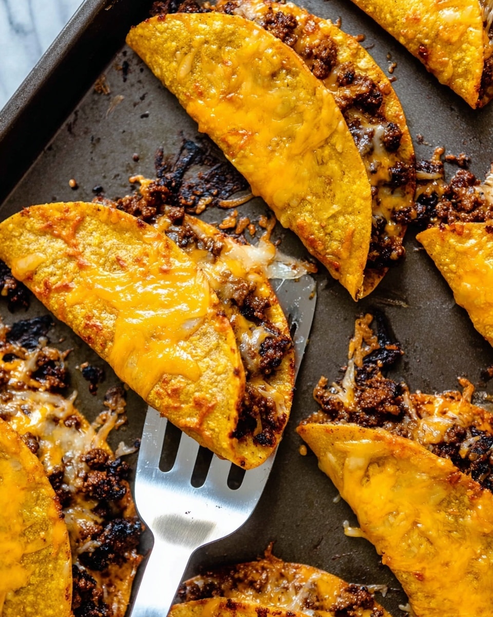 The image shows several baked taco shells filled with dark brown cooked meat mixed with melted light yellow and orange cheese. Each taco has one golden yellow shell folded over the filling, giving a curved shape. The edges of the shells have crispy browned cheese melted and browned onto a dark baking tray. A spatula with a white handle is lifting one taco, showing its crispy textured shell and the filling inside. The background is a white marbled texture photo taken with an iphone --ar 4:5 --v 7