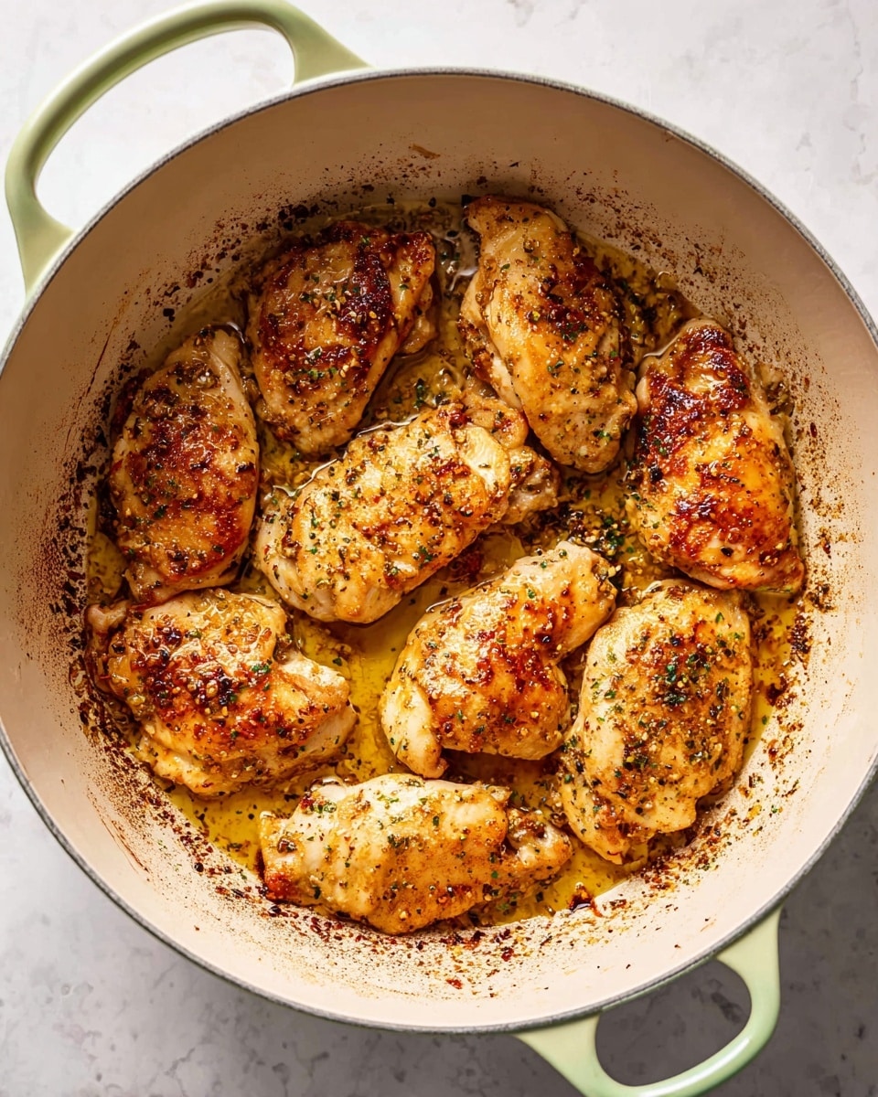 The image shows a white pot with a light green handle, filled with nine cooked chicken pieces arranged in a circular pattern near the edges. The chicken is golden brown with visible seasoning and herbs, with a slightly crispy texture on the surface. The bottom of the pot has browned bits and a thin layer of cooking oil that gives a shiny look. The pot is placed on a white marbled surface. photo taken with an iphone --ar 4:5 --v 7