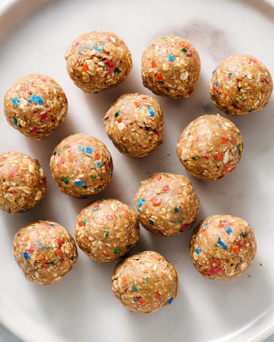 The image shows a white plate on a white marbled surface with around sixteen round energy balls arranged loosely. Each ball is light brown with visible oats embedded throughout, and small colorful sprinkles in red, blue, green, and yellow scattered inside. The texture looks rough and slightly crumbly with some larger oat flakes on the surface. The balls are evenly spaced, showing a uniform size, and are well-lit with soft shadows beneath them. Photo taken with an iphone --ar 4:5 --v 7