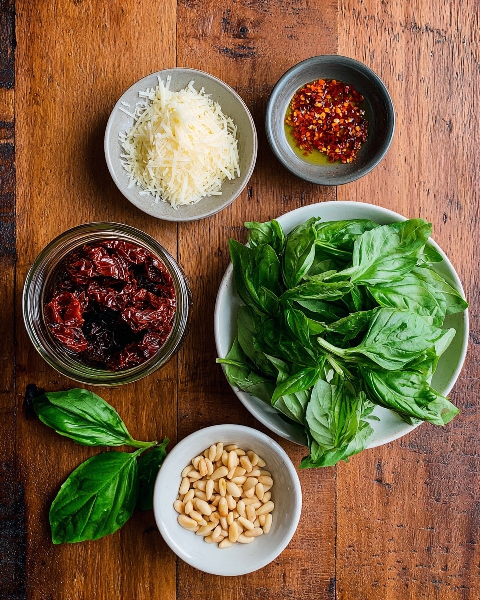 The image shows five items arranged on a wooden table: a jar filled with dark red sun-dried tomatoes in oil placed in the bottom left corner, above it a small bowl with bright red chili flakes and oil, next to the jar a bowl full of finely grated pale yellow cheese, on the right side a white plate filled with fresh, large, bright green basil leaves layered loosely, and below it a small white bowl containing light brown toasted pine nuts, with a couple of green basil leaves resting on the table near the plate, photo taken with an iphone --ar 4:5 --v 7