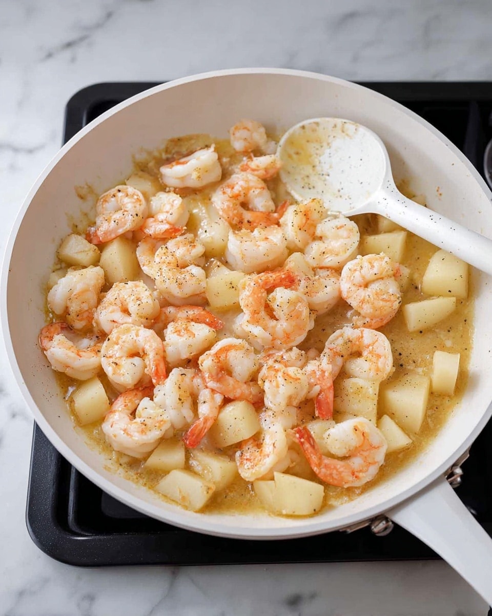 A white frying pan filled with small cooked orange and white shrimp mixed with light beige cubed potatoes in a light yellow sauce with some black pepper. A white spoon rests in the pan on the right side. The pan sits on a black stove with a white marbled surface visible in the background photo taken with an iphone --ar 4:5 --v 7