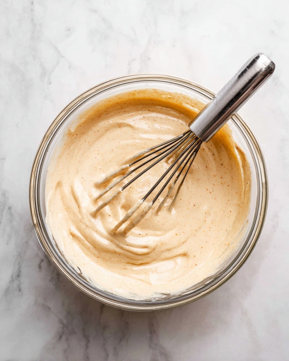 A clear glass bowl sits on a white marbled surface, filled with a smooth, thick mixture that is light beige with tiny darker specks. A shiny metal whisk rests inside the bowl, partially covered by the creamy mixture that shows soft peaks and swirl patterns from whisking. The texture looks soft and creamy, with a slightly glossy finish. Photo taken with an iphone --ar 4:5 --v 7
