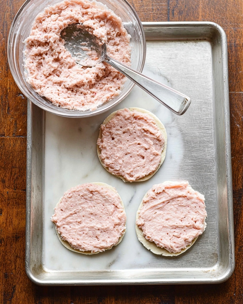The image shows three small round dough bases on a metal baking tray, each covered with a spread of light pink raw meat mixture, evenly smoothed over the dough. To the upper left, there is a clear glass bowl filled with more of the same light pink meat mixture, with a large metal spoon resting inside it. The baking tray is placed on a wooden surface, but the background should be imagined as white marble texture. The scene looks like a preparation step for a dish with two layers: the white dough base and the pink meat spread on top. Photo taken with an iphone --ar 4:5 --v 7