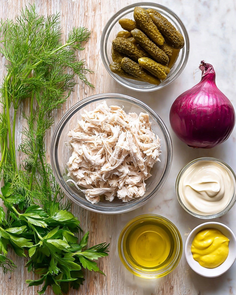 The image shows several clear glass bowls and fresh herbs arranged neatly on a white marbled surface. In the center, there is a bowl filled with shredded white meat, light beige in color and having a soft, fibrous texture. Above that bowl to the left is another clear glass bowl full of small, dark green pickles that have a bumpy texture. To the right of the meat bowl is a bowl with smooth, creamy white mayonnaise, and below it a small bowl with a dollop of yellow mustard. Near the bottom right is a bowl with golden olive oil, clear and shiny. At the top right of the arrangement is a whole red onion, deep purple with a smooth, shiny surface and a dry brown stem. On the left side of the image are fresh herbs; bright green parsley with broad flat leaves and stems at the bottom, and feathery green dill with thin stems above the parsley, all lying flat on the surface. Photo taken with an iphone --ar 4:5 --v 7