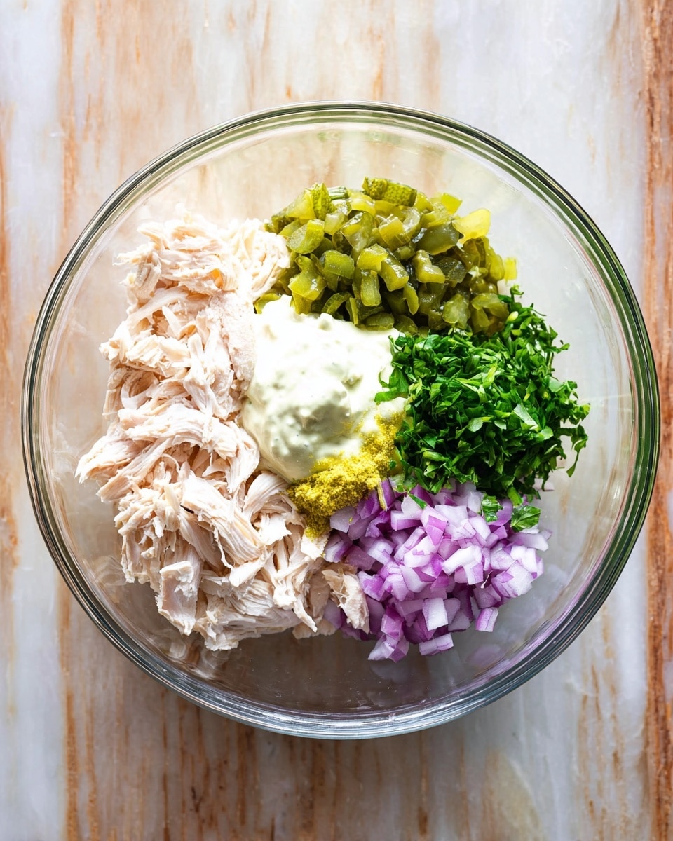 A clear glass bowl sits on a white marbled surface and contains five separate piles of ingredients before mixing. The first layer is shredded white chicken pieces positioned at the bottom left, next to a dollop of creamy white mayonnaise. Above the mayonnaise is a mound of small, chopped green pickles. To the right of the pickles is a small bunch of finely chopped green herbs, and beside the herbs is a pile of small, diced purple onions. A little bit of yellow mustard is placed on the chicken near the center. The image is well-lit, showing the fresh colors and textures of each ingredient clearly. photo taken with an iphone --ar 4:5 --v 7