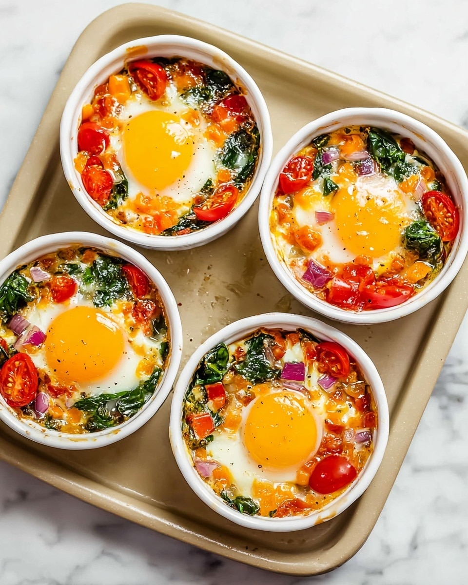 The image shows four white ceramic ramekins on a beige baking tray, each filled with a colorful baked egg dish. Each ramekin contains a single bright yellow egg yolk in the center, slightly raised above a varied mixture of chopped red cherry tomatoes, green spinach leaves, small diced orange bell peppers, and bits of red onion. The egg whites are set but still glossy, mixing with the vibrant colors of the vegetables, giving a textured look with the greens and reds contrasting against the smooth yellow yolks. The tray sits on a white marbled surface, enhancing the fresh and cozy feel of the breakfast dish. photo taken with an iphone --ar 4:5 --v 7