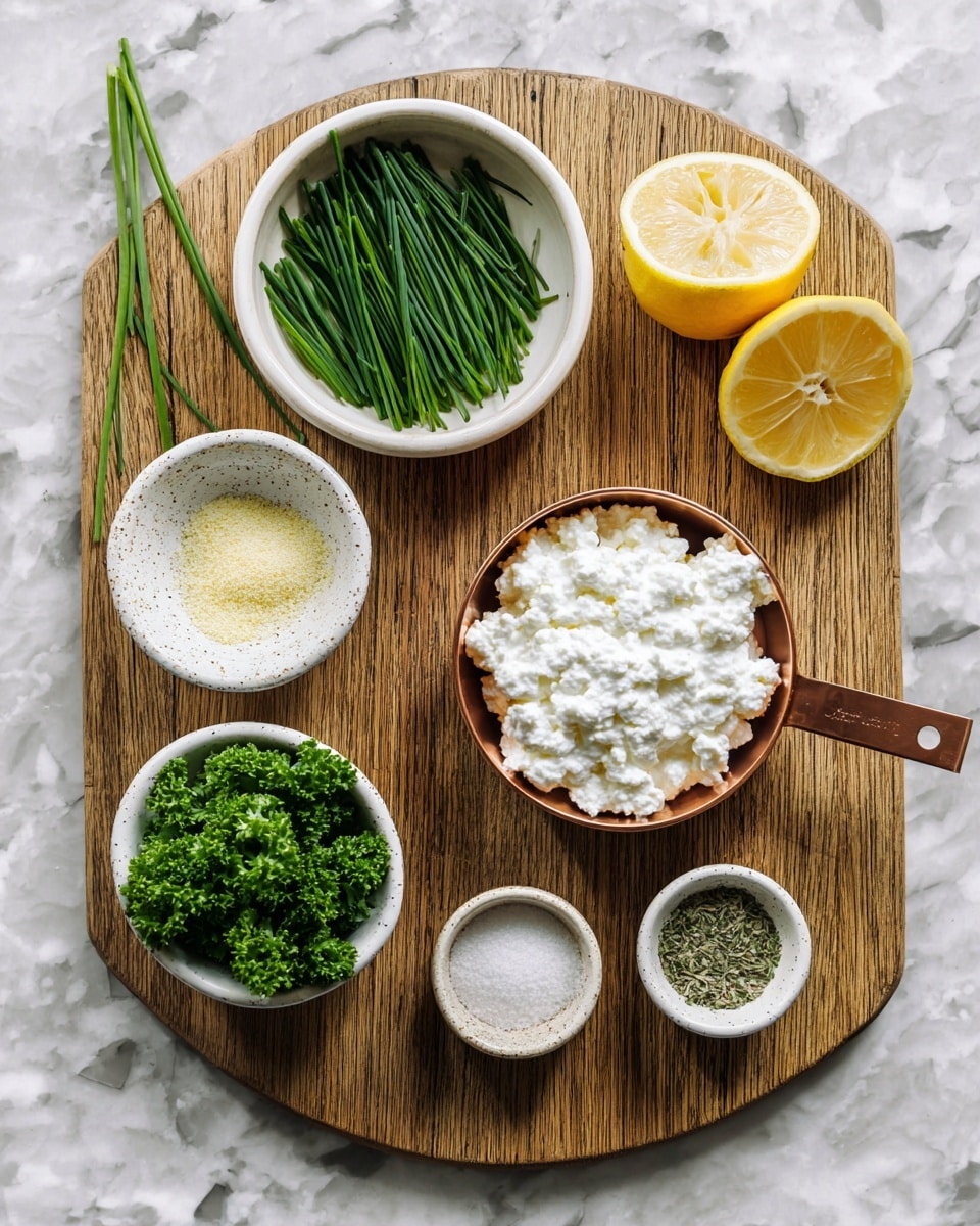 The image shows a wooden cutting board on a white marbled surface, holding six containers with ingredients neatly arranged in a circle. At the top left, there is an off-white bowl filled with fresh green chives lying flat. To the top right, a small rustic bowl holds a bright yellow lemon half with visible juicy segments. In the center, a copper measuring cup is filled with white cottage cheese with a lumpy texture. Below the chives, a speckled small bowl contains a light yellow granulated seasoning. At the bottom left, a white bowl is full of fresh curly parsley with rich green leaves. To the bottom right, another small speckled bowl has a fine light beige powder, and next to the lemon, a white bowl contains a small amount of dried green herbs. photo taken with an iphone --ar 4:5 --v 7