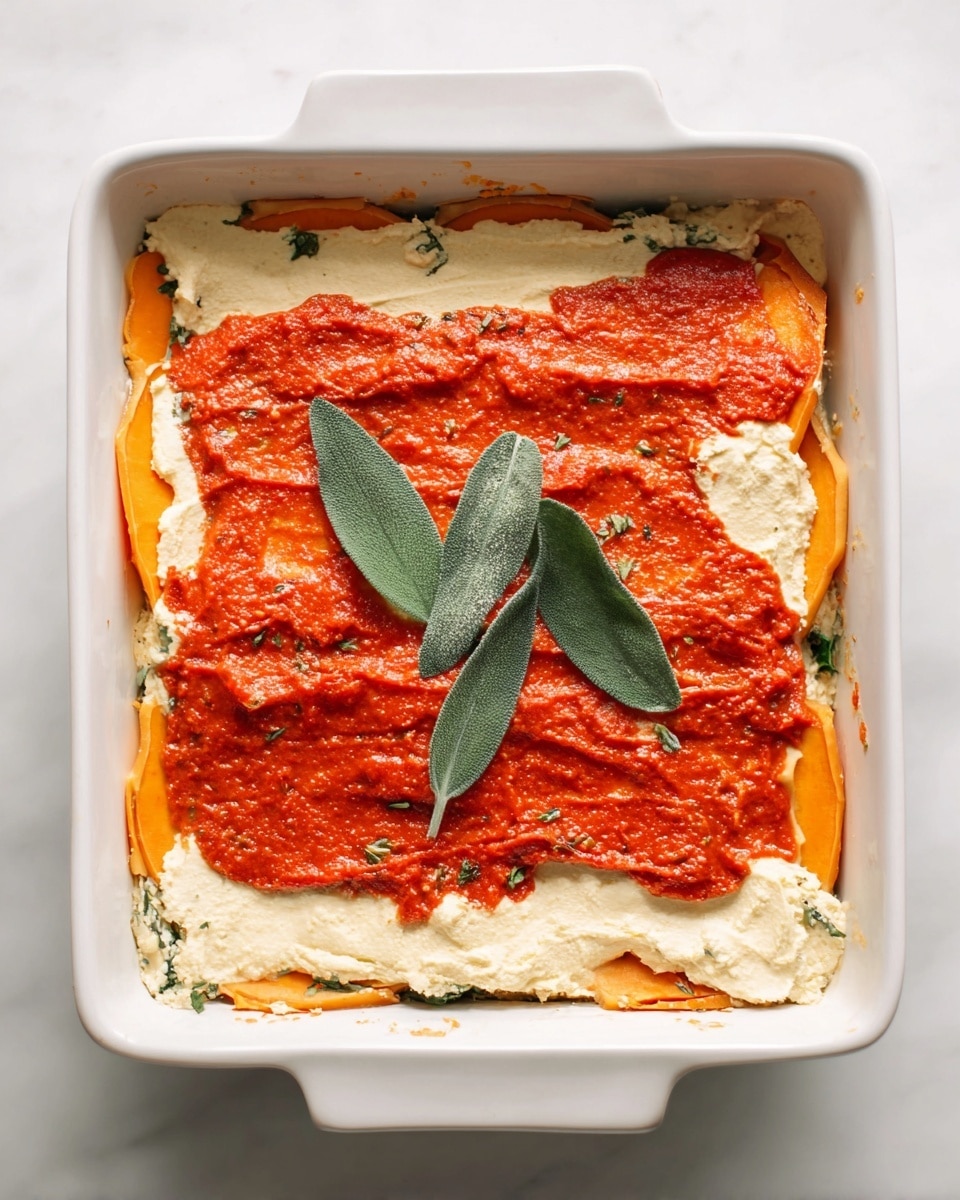 A white square baking dish holds an unbaked layered lasagna showing three visible layers from top to bottom: the top layer is bright red tomato sauce with a rough texture, spread unevenly; underneath it is a creamy, light beige cheese layer with a smooth texture; the bottom layer is bright orange thin slices of squash arranged flat, partially visible around the edges. Two fresh green sage leaves rest in the center on the top layer. The dish sits on a white marbled surface. photo taken with an iphone --ar 4:5 --v 7