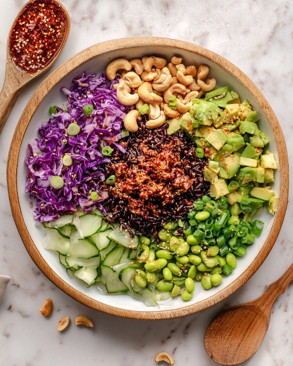 A white bowl with a wooden rim is filled with six colorful layers arranged side by side in a circle. At the center, there is a pile of dark mixed rice with a reddish-brown sauce on top. Surrounding this are chopped bright purple cabbage, a pile of light brown cashews, sliced green onions, green edamame beans, diced light green avocado, and chopped dark green cucumber, all sprinkled with the same reddish sauce. The bowl sits on a white marbled surface with a wooden spoon resting nearby. Photo taken with an iphone --ar 4:5 --v 7