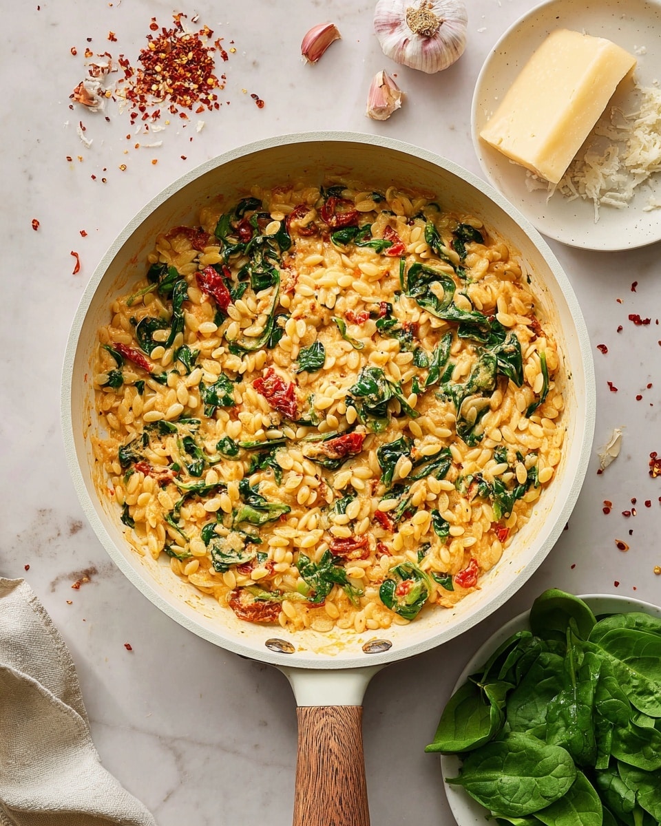 A white pan with a wood handle holds a creamy dish made of small rice-shaped pasta mixed with bright green spinach leaves and red sun-dried tomato pieces. The pasta has a light orange sauce coating it evenly. Around the pan, there is a white marbled surface with scattered red chili flakes, fresh garlic cloves, a block of pale yellow cheese, and a white plate with fresh spinach leaves on the right side. photo taken with an iphone --ar 4:5 --v 7