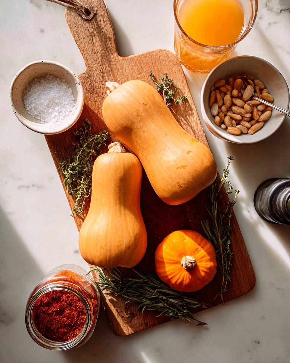 The image shows a wooden cutting board on a white marbled surface. On the board, there are three smooth, orange butternut squashes placed in the middle with one small round orange pumpkin at the bottom right. Near the squashes, fresh green rosemary and thyme sprigs lay on the left side. At the top left of the board, a small white bowl holds coarse salt, and next to it, a rustic white bowl contains light brown pine nuts. To the top right on the board, there is a clear glass filled with light orange juice. At the bottom left corner, a glass jar is filled with bright red ground spice, and a spoon rests inside it. A dark container is partially seen on the far right side outside the board. The whole setting is bathed in warm sunlight and looks fresh and natural, photo taken with an iphone --ar 4:5 --v 7