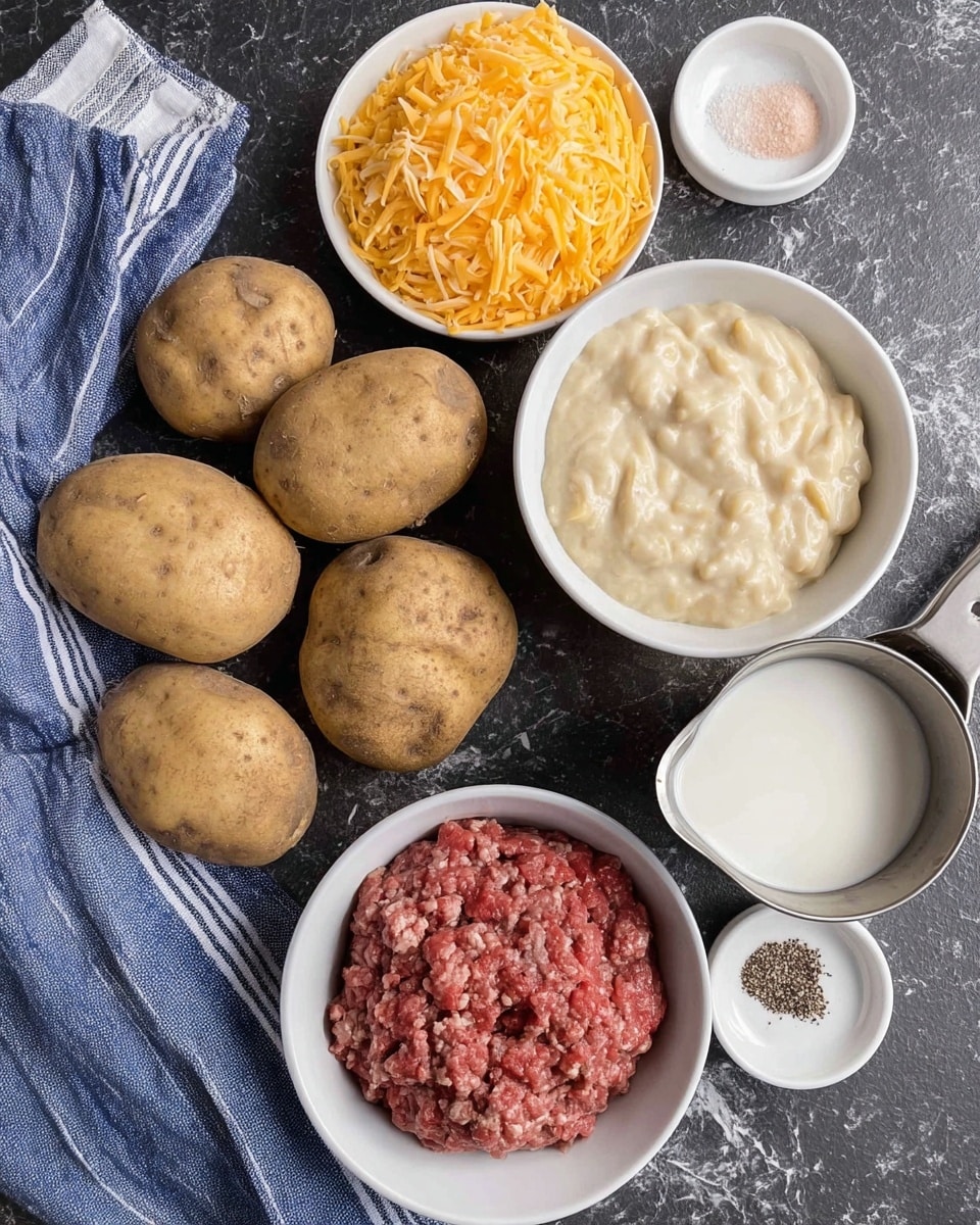 The image shows six whole light brown potatoes with a rough skin placed on a dark surface with a blue and white striped cloth to the left. Above the potatoes are three white bowls: one filled with bright orange shredded cheese, one with creamy light beige sauce that looks thick with bits in it, and one with raw ground meat in a reddish-brown color with white fat mixed in. To the right of these bowls is a metal measuring cup filled with white milk, and a small white bowl below it with black pepper and light pink salt. The whole arrangement is on a white marbled textured surface. Photo taken with an iphone --ar 4:5 --v 7