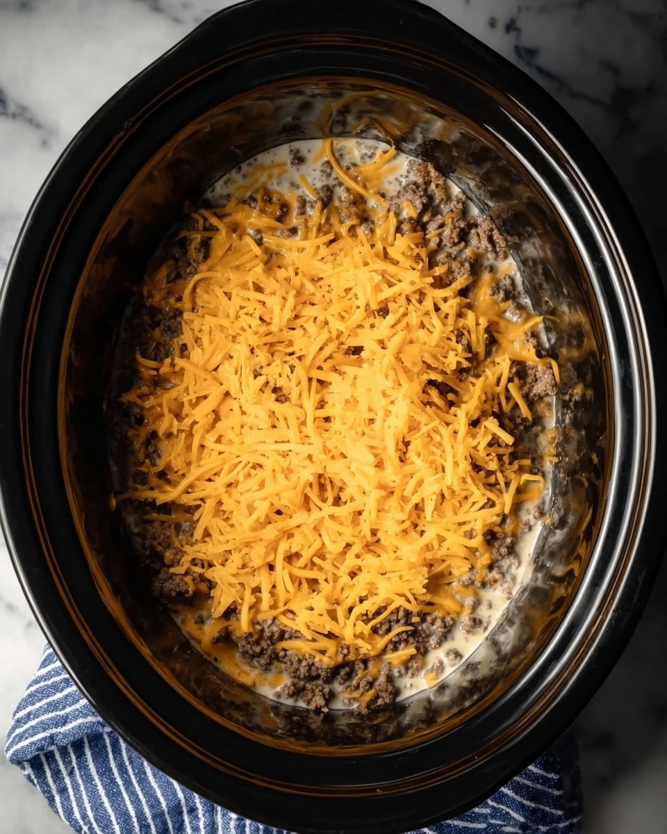 The image shows a black slow cooker filled with two main layers. The bottom layer is brown cooked ground meat, topped with a light beige creamy sauce. The top layer is shredded orange cheese spread evenly over the sauce. The slow cooker is placed on a white marbled surface, with a blue and white striped cloth partially visible on the side. Photo taken with an iphone --ar 4:5 --v 7
