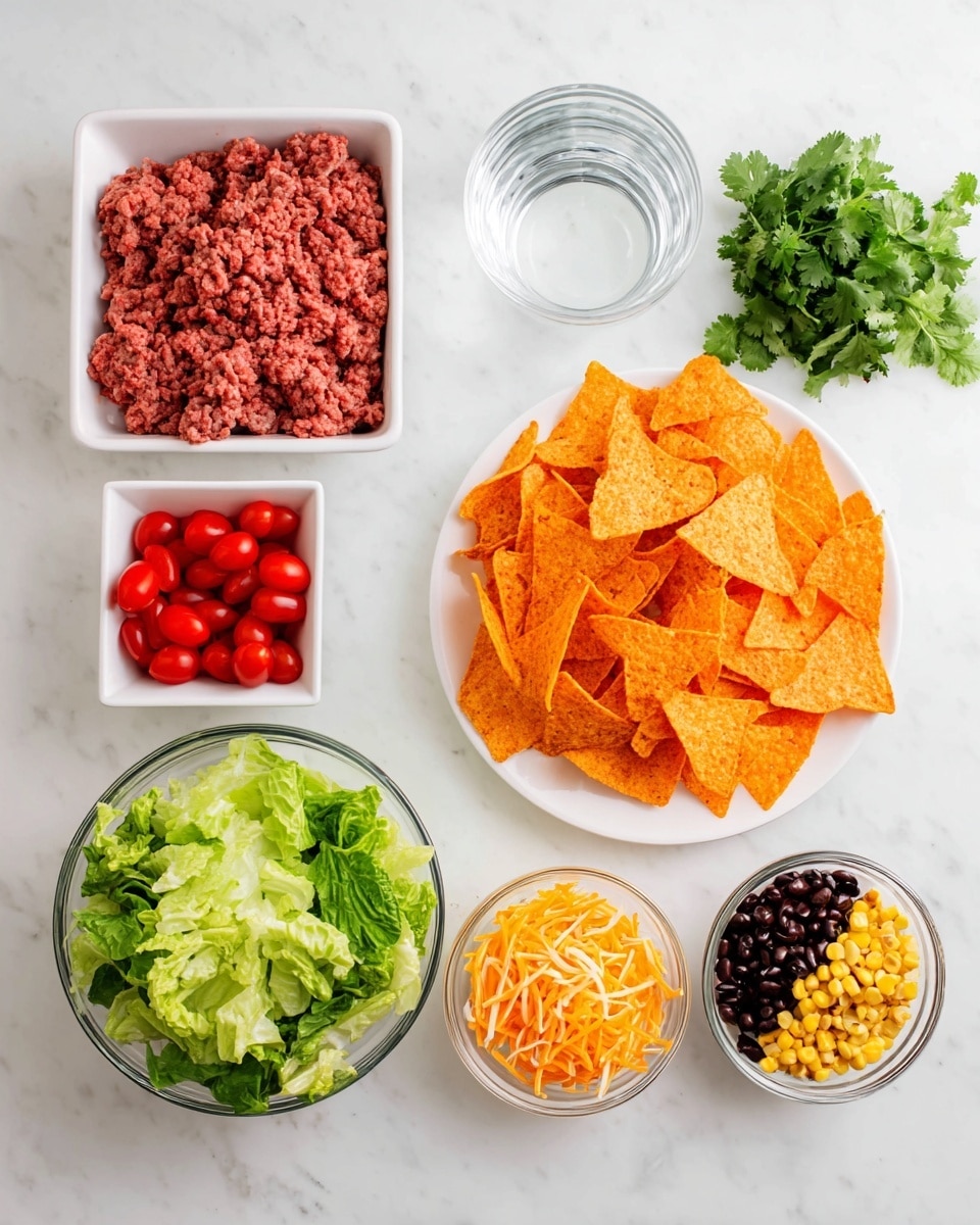 The image shows different ingredients arranged neatly on a white marbled surface. On the top left, there is a white tray filled with raw ground beef with a slightly rough texture. Next to it, on the top center, is a small clear bowl of water. To the right, a white plate holds a heap of bright orange tortilla chips with a crunchy and slightly rough texture. Below the tray, a small white square bowl contains halved red cherry tomatoes with a glossy surface. In the center bottom, a glass bowl is filled with fresh green lettuce leaves that have a crisp texture and layered appearance. To the right of the lettuce, a small white bowl holds shredded orange cheddar cheese showing thin, curly strands. Next to the cheese, a small white bowl contains yellow corn kernels and black beans mixed together. There is also a bunch of fresh green cilantro leaves placed near the top right corner. photo taken with an iphone --ar 4:5 --v 7