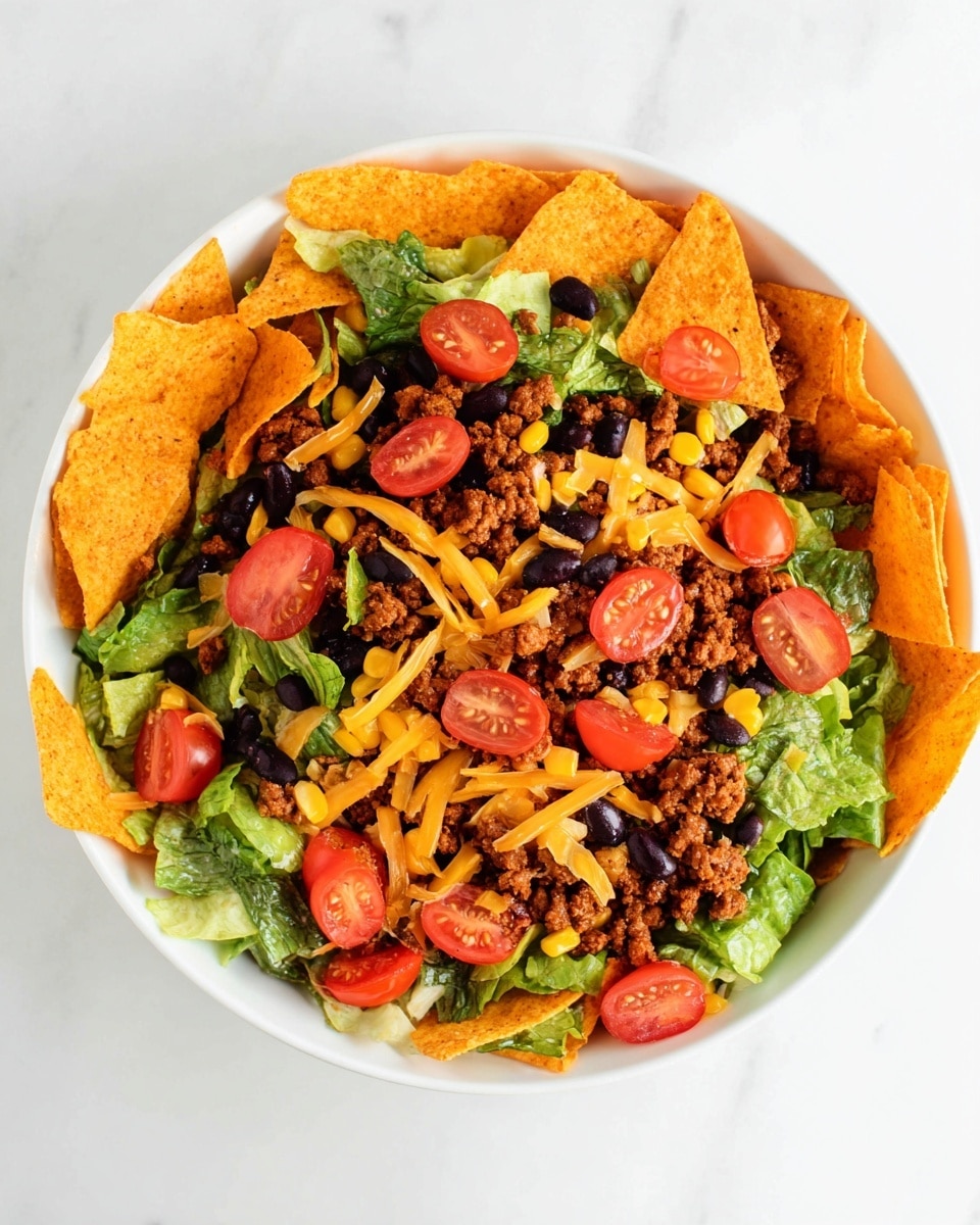 A white bowl filled with a layered nacho dish on a white marbled surface, starting with a base of bright orange triangular chips arranged all around the bowl. Over the chips, there is a mix of dark cooked ground meat shades with a coarse texture, fresh green leafy lettuce pieces, whole black beans, and bright yellow corn kernels. On top, halved shiny red cherry tomatoes and shredded light orange cheese are scattered evenly, creating a colorful and fresh look with layers clearly visible from above. photo taken with an iphone --ar 4:5 --v 7